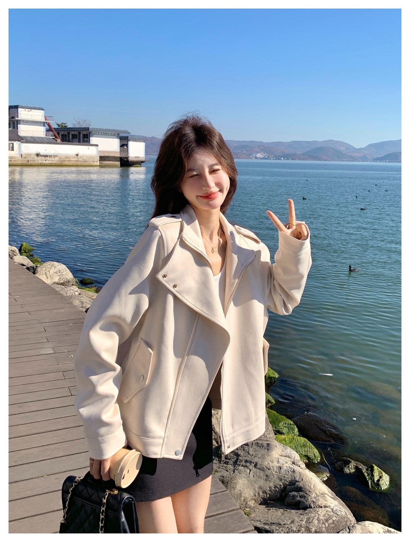 한국 스타일 디자인 센스 프로필 모양 스웨이드 원단 여성 코트 가을 새로운 작은 키 달콤한 차가운 캐주얼 바람 우유 화이트 재킷 상세 이미지 8