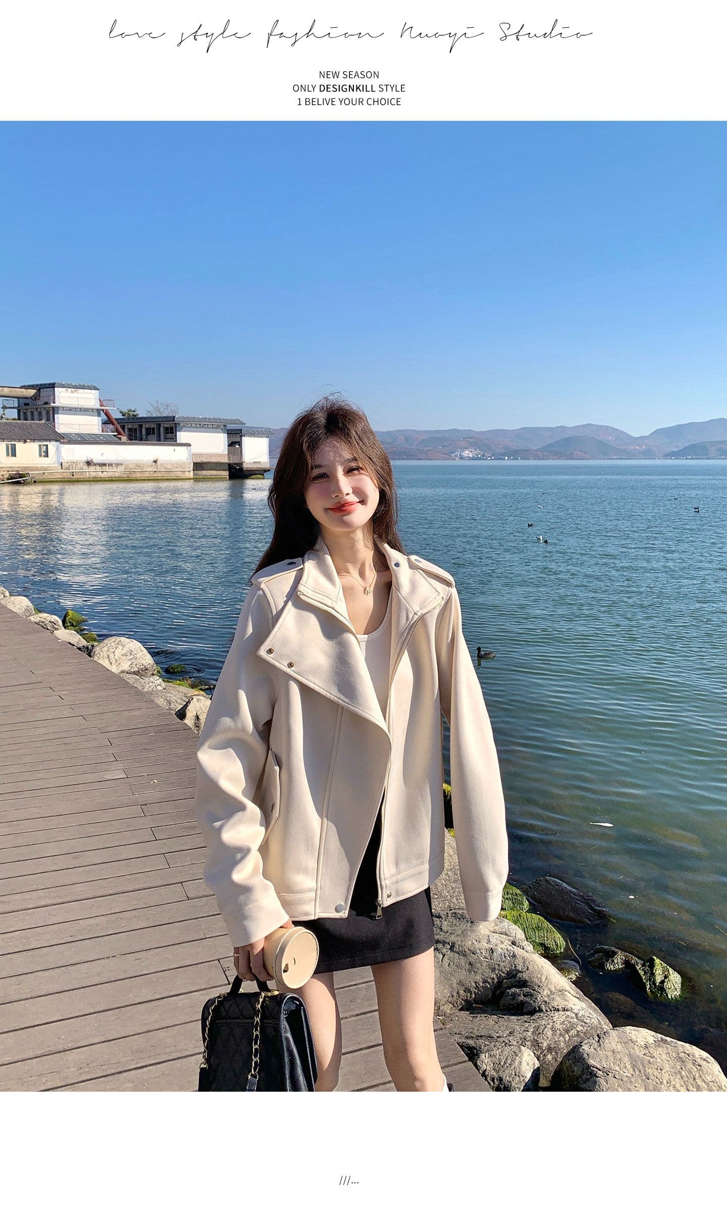 한국 스타일 디자인 센스 프로필 모양 스웨이드 원단 여성 코트 가을 새로운 작은 키 달콤한 차가운 캐주얼 바람 우유 화이트 재킷 상세 이미지 9