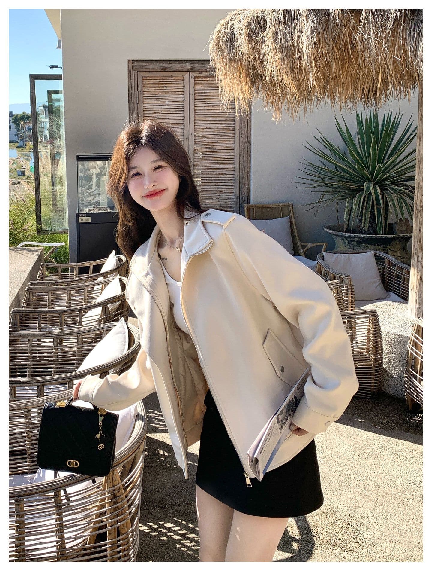 한국 스타일 디자인 센스 프로필 모양 스웨이드 원단 여성 코트 가을 새로운 작은 키 달콤한 차가운 캐주얼 바람 우유 화이트 재킷 상세 이미지 10