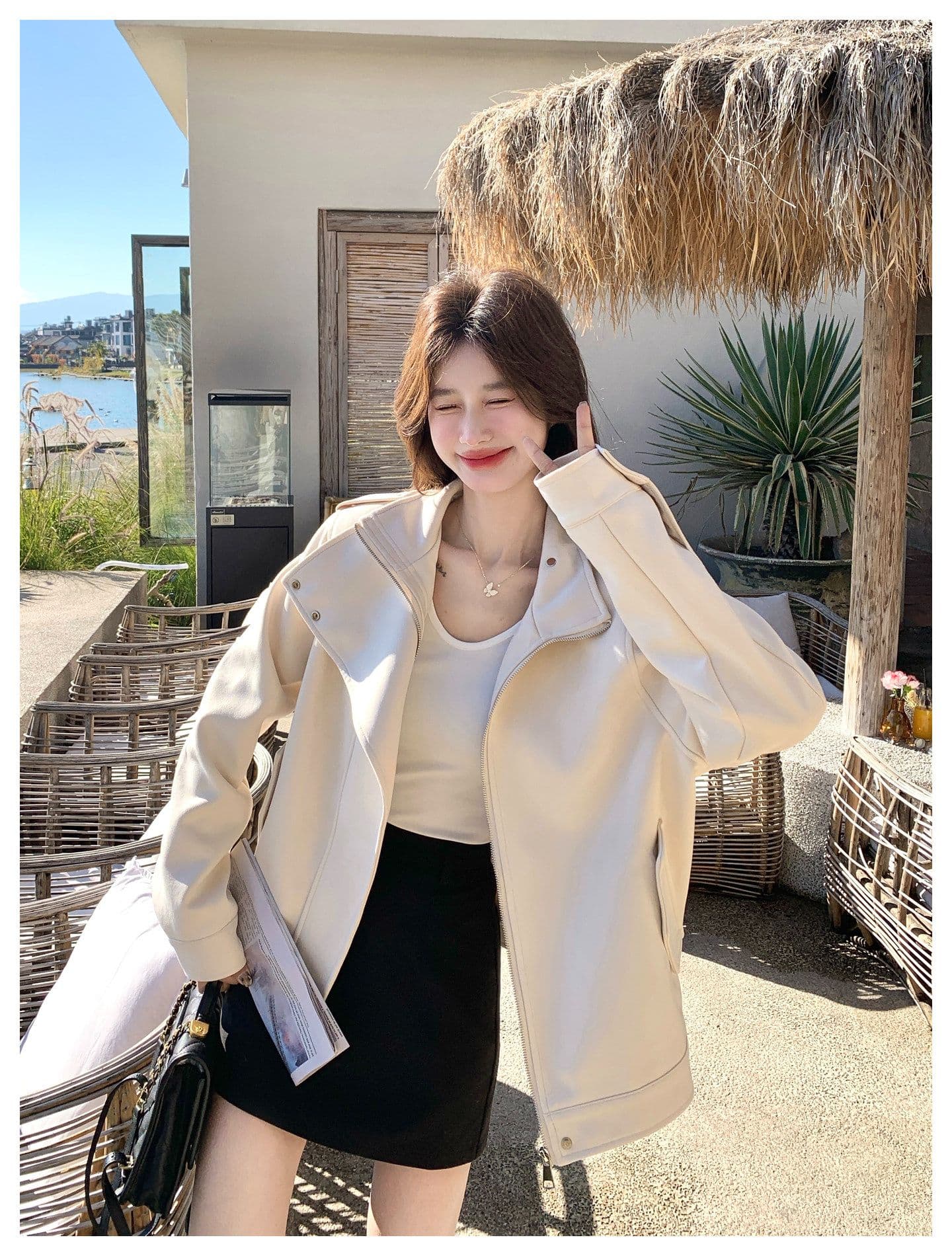 한국 스타일 디자인 센스 프로필 모양 스웨이드 원단 여성 코트 가을 새로운 작은 키 달콤한 차가운 캐주얼 바람 우유 화이트 재킷 상세 이미지 11