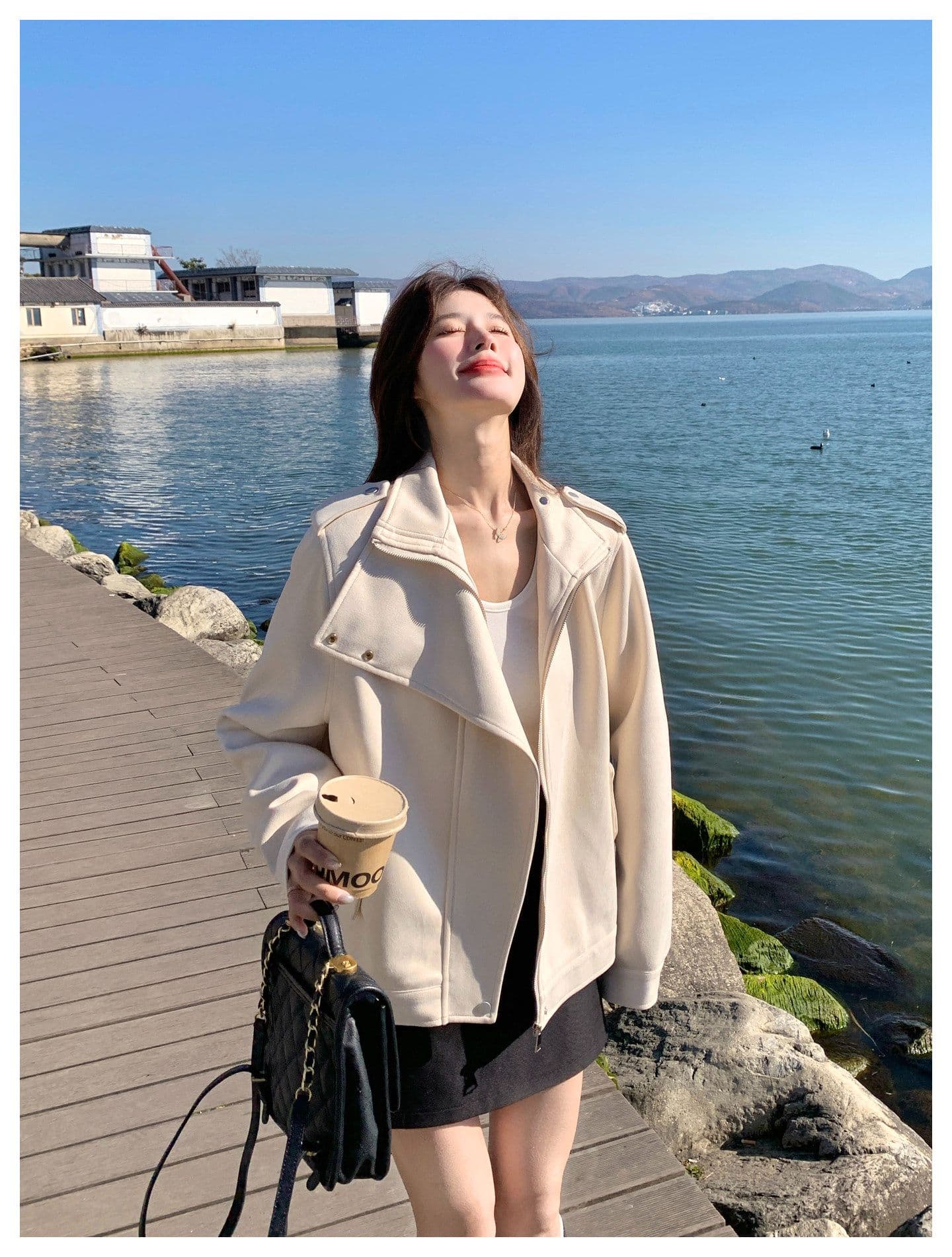 한국 스타일 디자인 센스 프로필 모양 스웨이드 원단 여성 코트 가을 새로운 작은 키 달콤한 차가운 캐주얼 바람 우유 화이트 재킷 상세 이미지 13