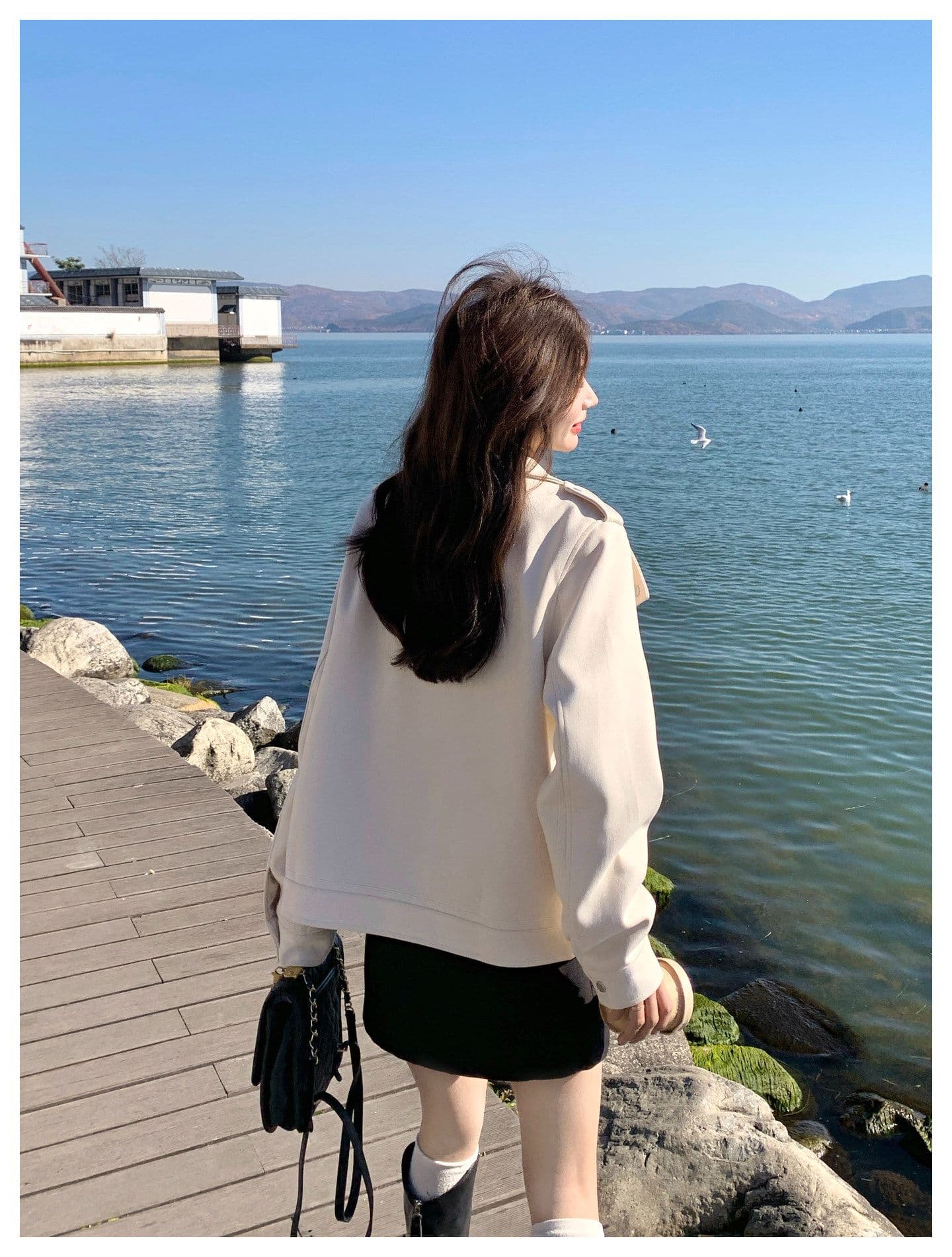 한국 스타일 디자인 센스 프로필 모양 스웨이드 원단 여성 코트 가을 새로운 작은 키 달콤한 차가운 캐주얼 바람 우유 화이트 재킷 상세 이미지 14