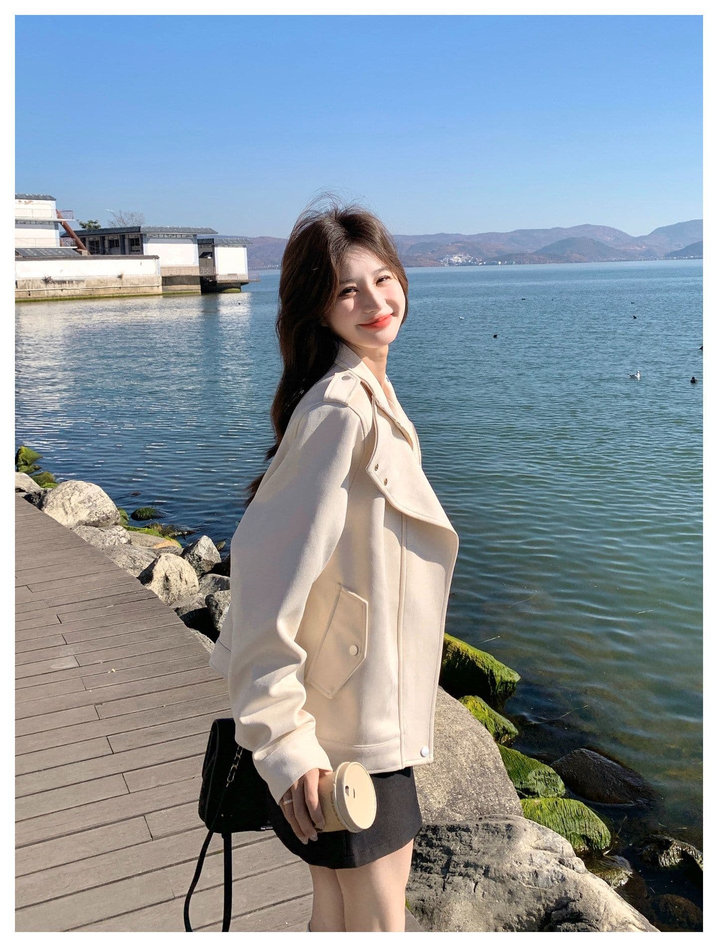 한국 스타일 디자인 센스 프로필 모양 스웨이드 원단 여성 코트 가을 새로운 작은 키 달콤한 차가운 캐주얼 바람 우유 화이트 재킷 상세 이미지 16