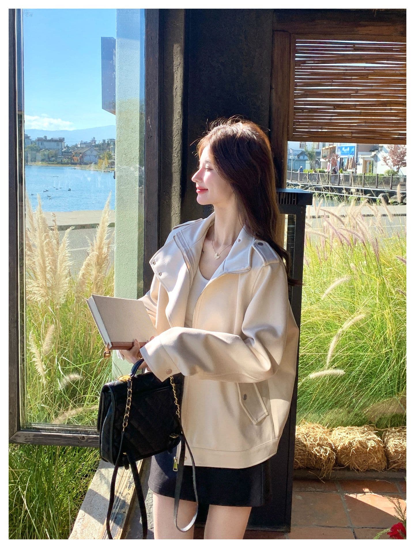 한국 스타일 디자인 센스 프로필 모양 스웨이드 원단 여성 코트 가을 새로운 작은 키 달콤한 차가운 캐주얼 바람 우유 화이트 재킷 상세 이미지 17