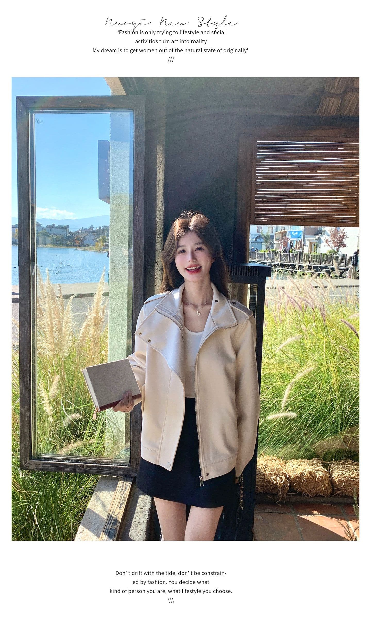 한국 스타일 디자인 센스 프로필 모양 스웨이드 원단 여성 코트 가을 새로운 작은 키 달콤한 차가운 캐주얼 바람 우유 화이트 재킷 상세 이미지 18