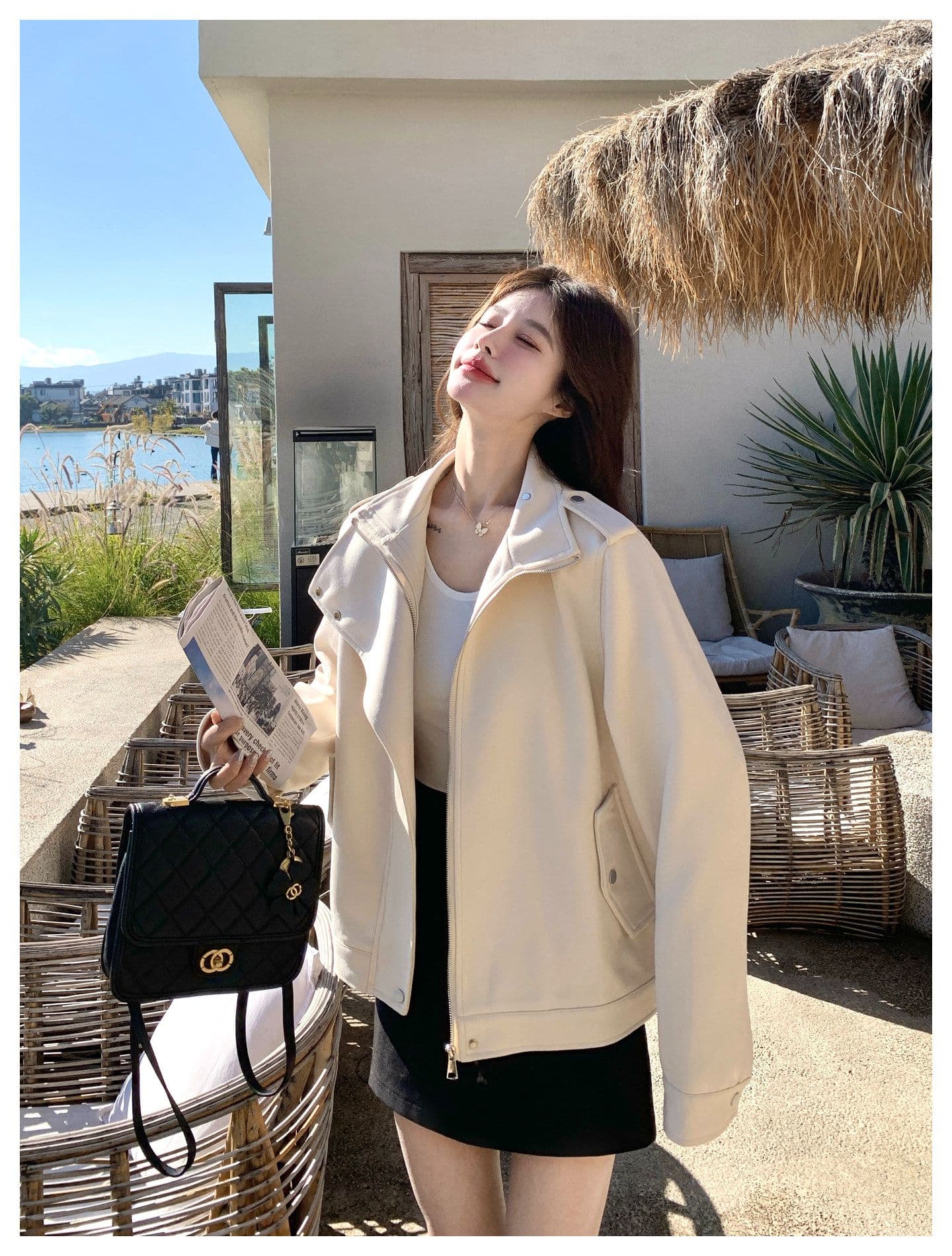 한국 스타일 디자인 센스 프로필 모양 스웨이드 원단 여성 코트 가을 새로운 작은 키 달콤한 차가운 캐주얼 바람 우유 화이트 재킷 상세 이미지 24