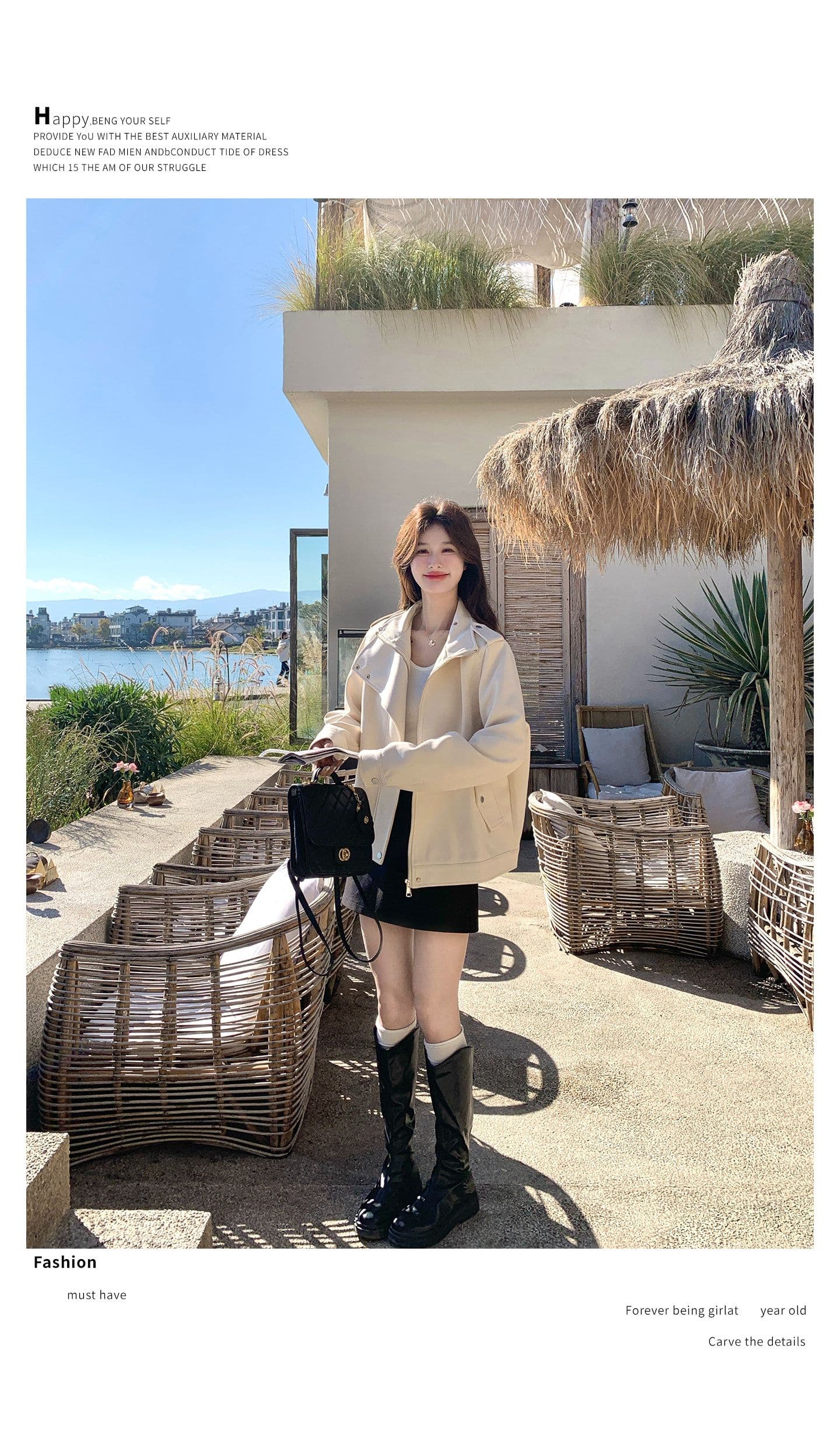 한국 스타일 디자인 센스 프로필 모양 스웨이드 원단 여성 코트 가을 새로운 작은 키 달콤한 차가운 캐주얼 바람 우유 화이트 재킷 상세 이미지 25