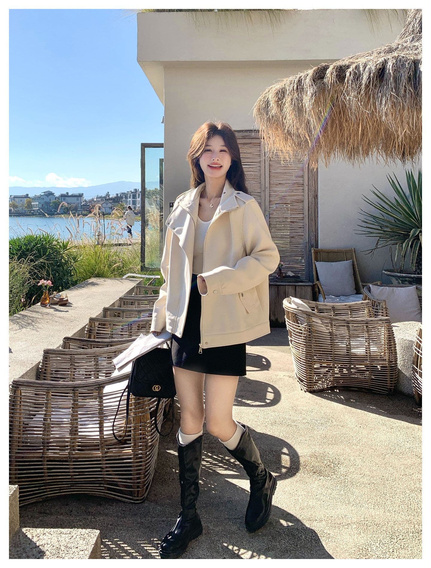 한국 스타일 디자인 센스 프로필 모양 스웨이드 원단 여성 코트 가을 새로운 작은 키 달콤한 차가운 캐주얼 바람 우유 화이트 재킷 상세 이미지 27