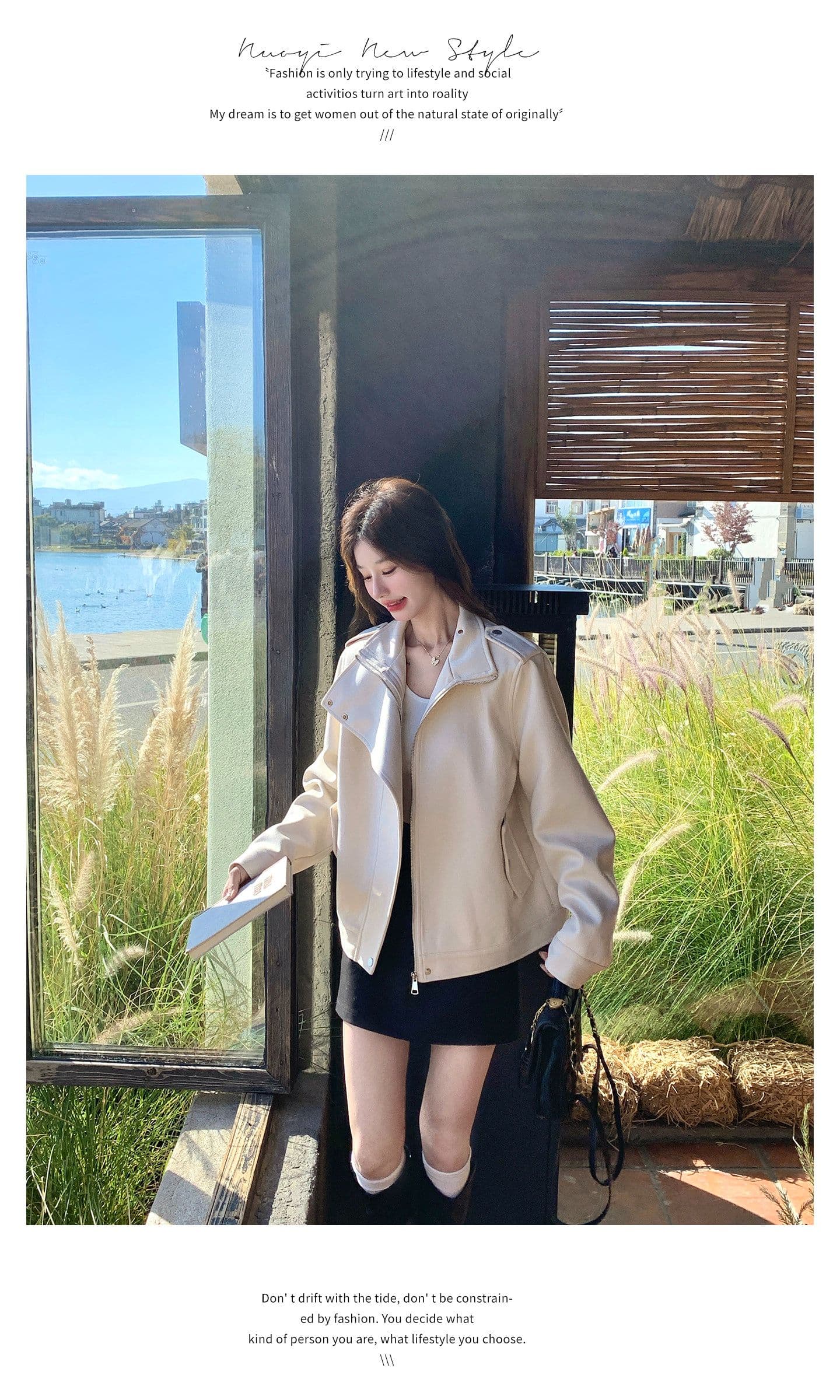 한국 스타일 디자인 센스 프로필 모양 스웨이드 원단 여성 코트 가을 새로운 작은 키 달콤한 차가운 캐주얼 바람 우유 화이트 재킷 상세 이미지 28