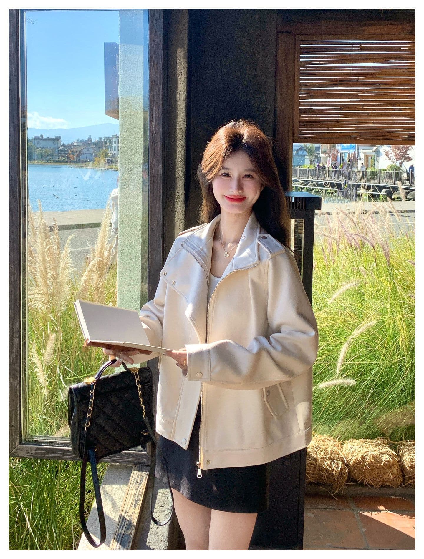 한국 스타일 디자인 센스 프로필 모양 스웨이드 원단 여성 코트 가을 새로운 작은 키 달콤한 차가운 캐주얼 바람 우유 화이트 재킷 상세 이미지 32