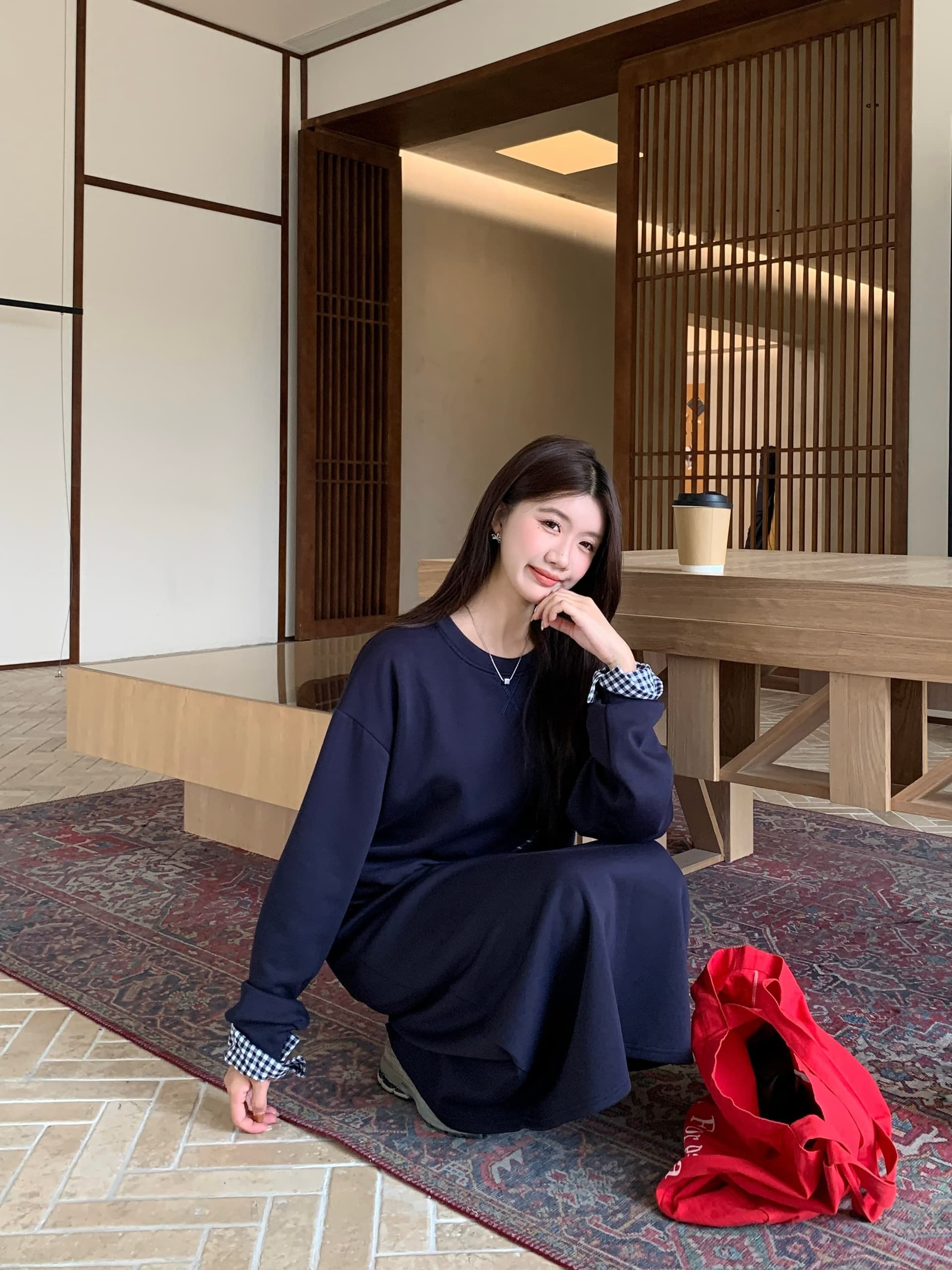 아메리칸 레트로 회색 스포츠 슈트 여성 셔츠 반신 스커트 투피스 세트 상세 이미지 5