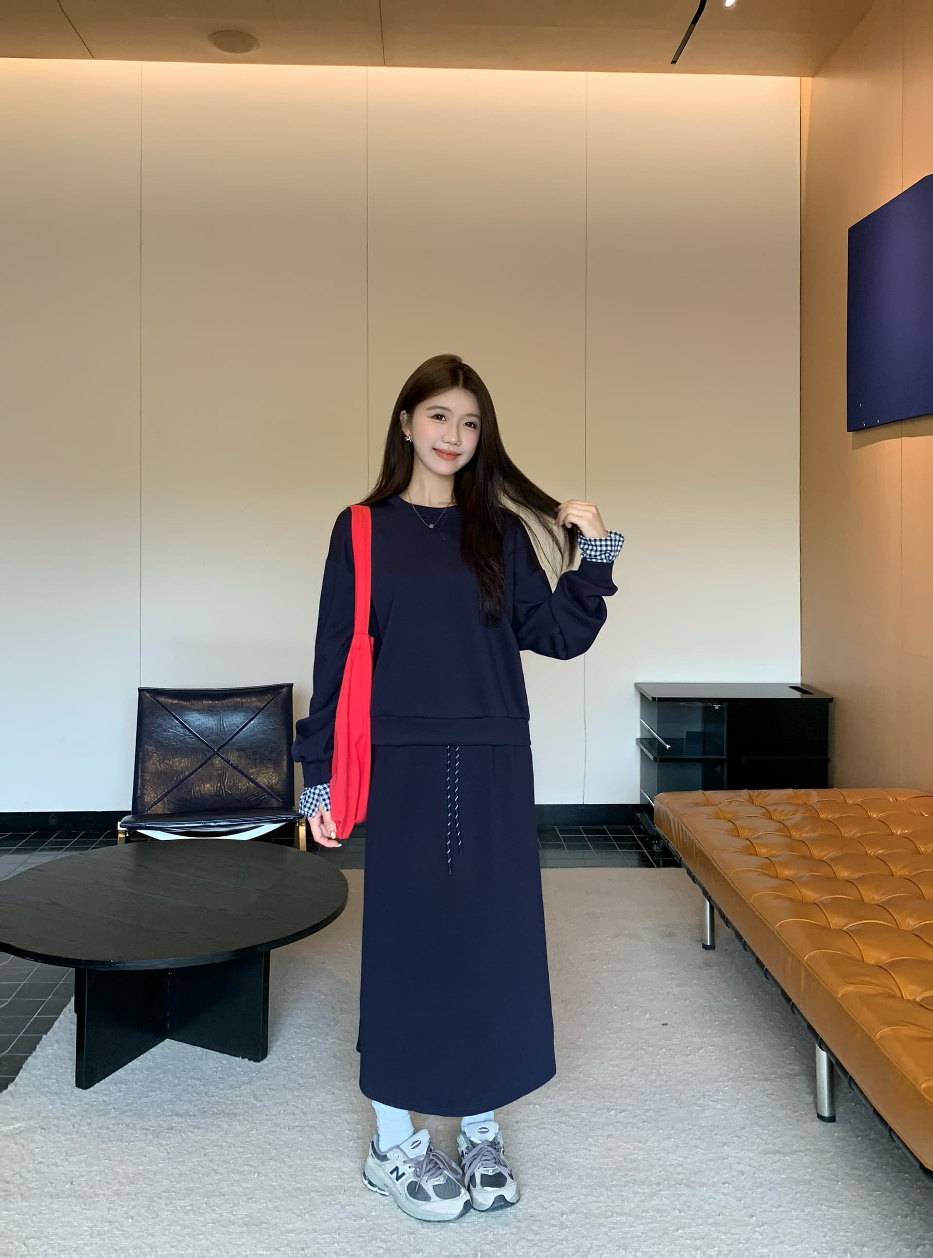 아메리칸 레트로 회색 스포츠 슈트 여성 셔츠 반신 스커트 투피스 세트 상세 이미지 8