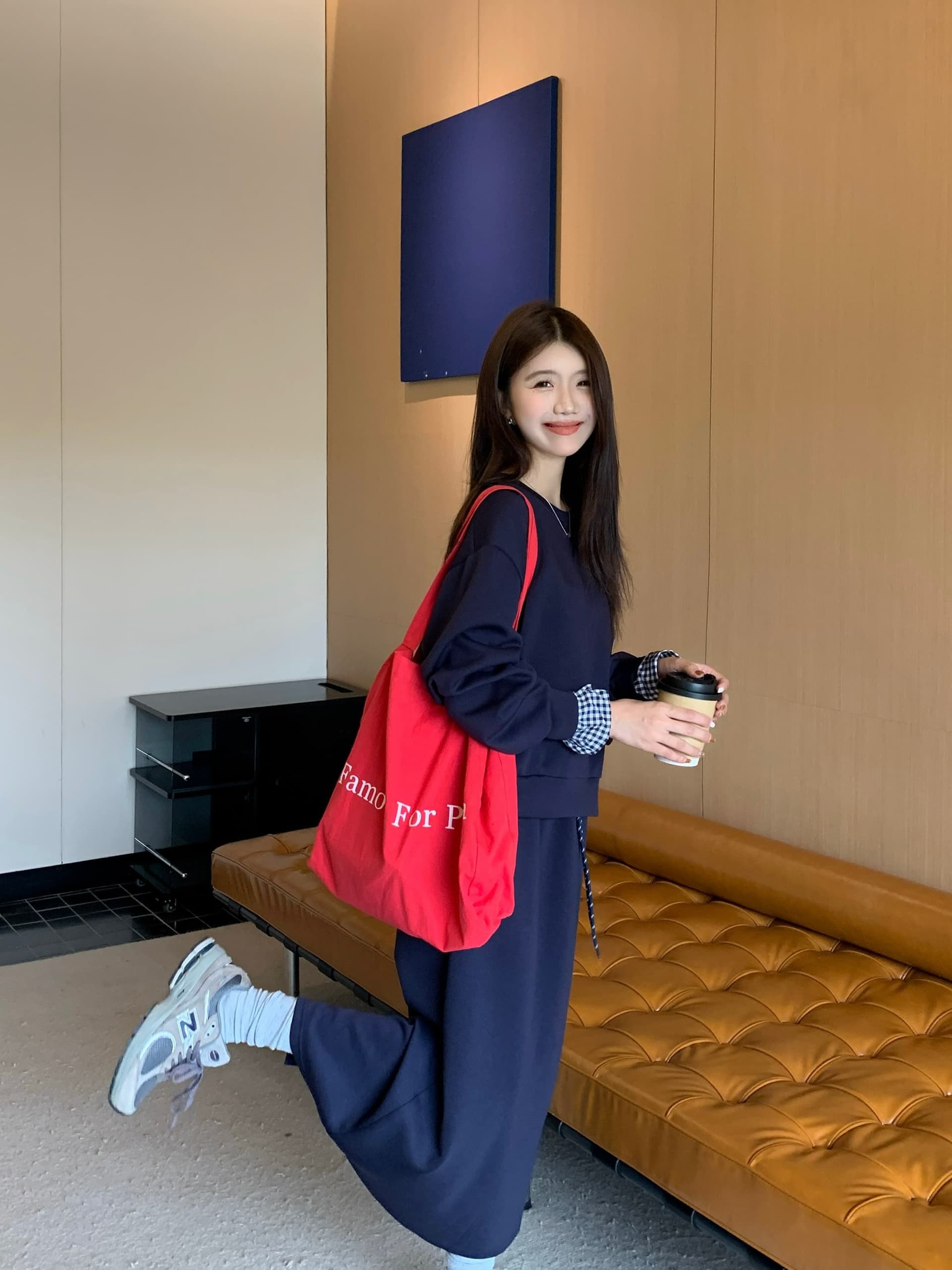아메리칸 레트로 회색 스포츠 슈트 여성 셔츠 반신 스커트 투피스 세트 상세 이미지 9