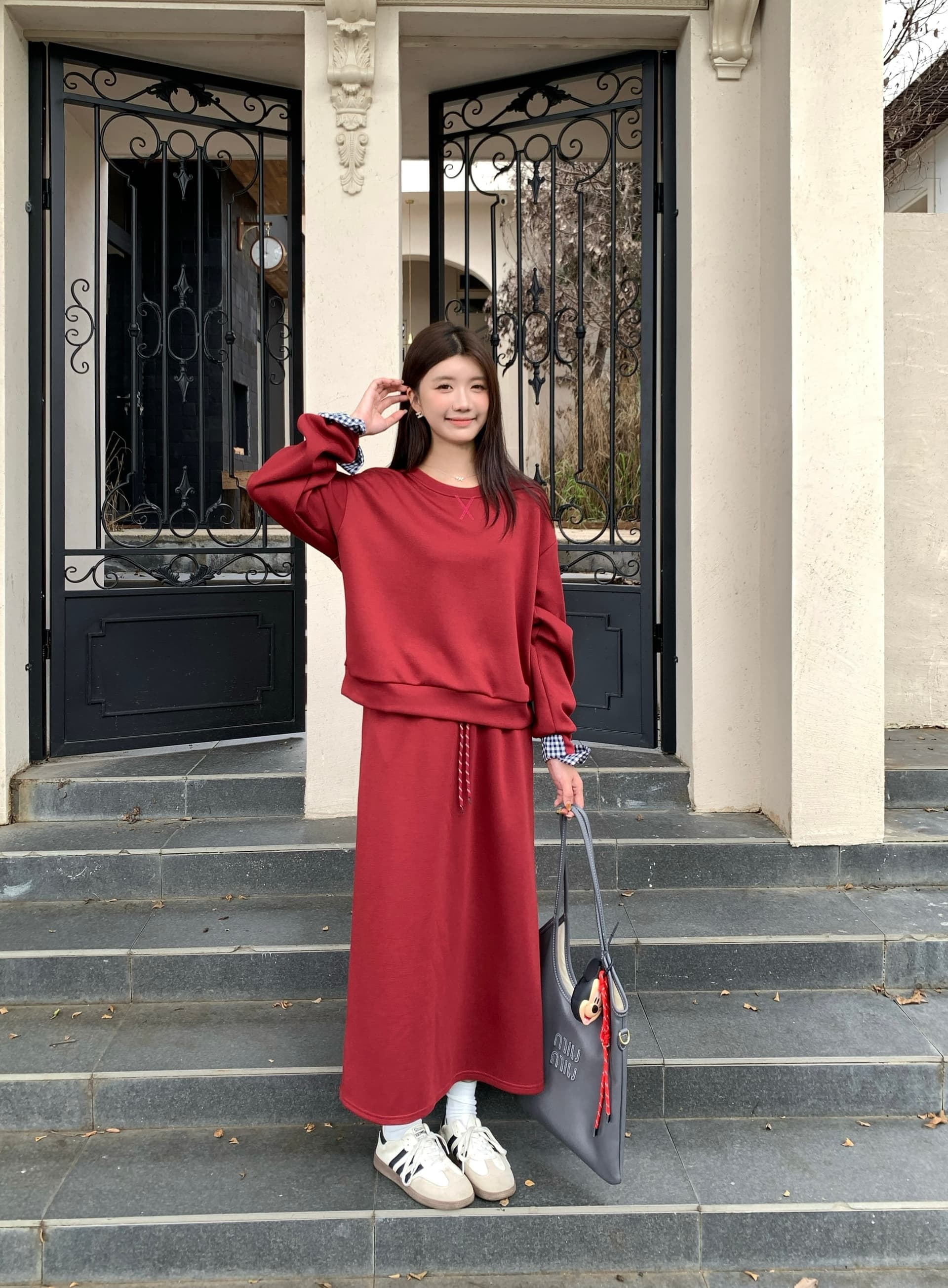 아메리칸 레트로 회색 스포츠 슈트 여성 셔츠 반신 스커트 투피스 세트 상세 이미지 17
