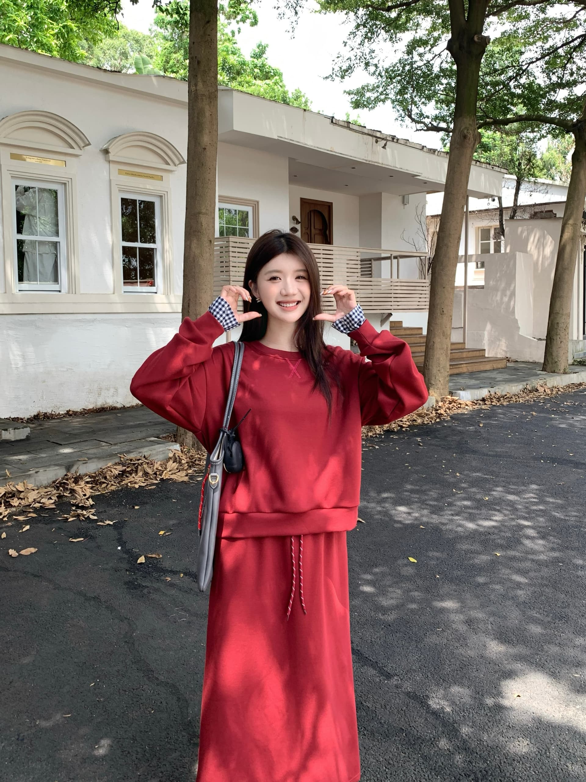 아메리칸 레트로 회색 스포츠 슈트 여성 셔츠 반신 스커트 투피스 세트 상세 이미지 20
