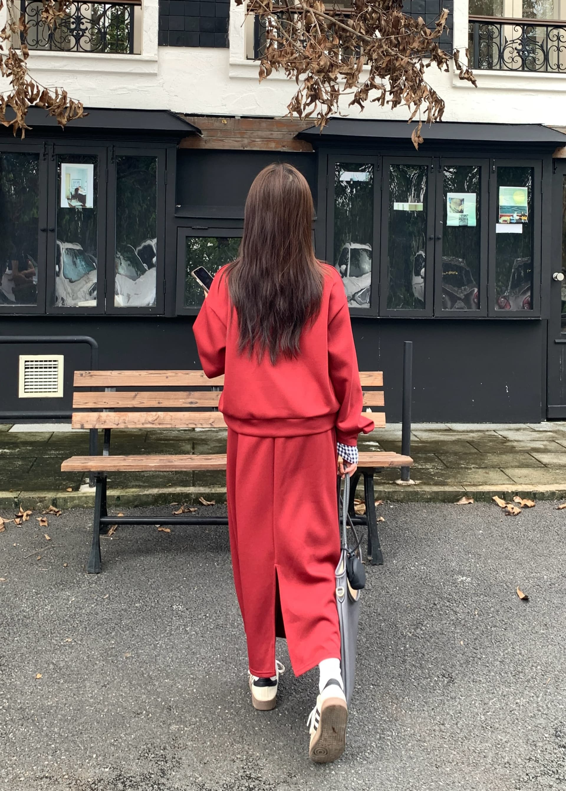아메리칸 레트로 회색 스포츠 슈트 여성 셔츠 반신 스커트 투피스 세트 상세 이미지 26