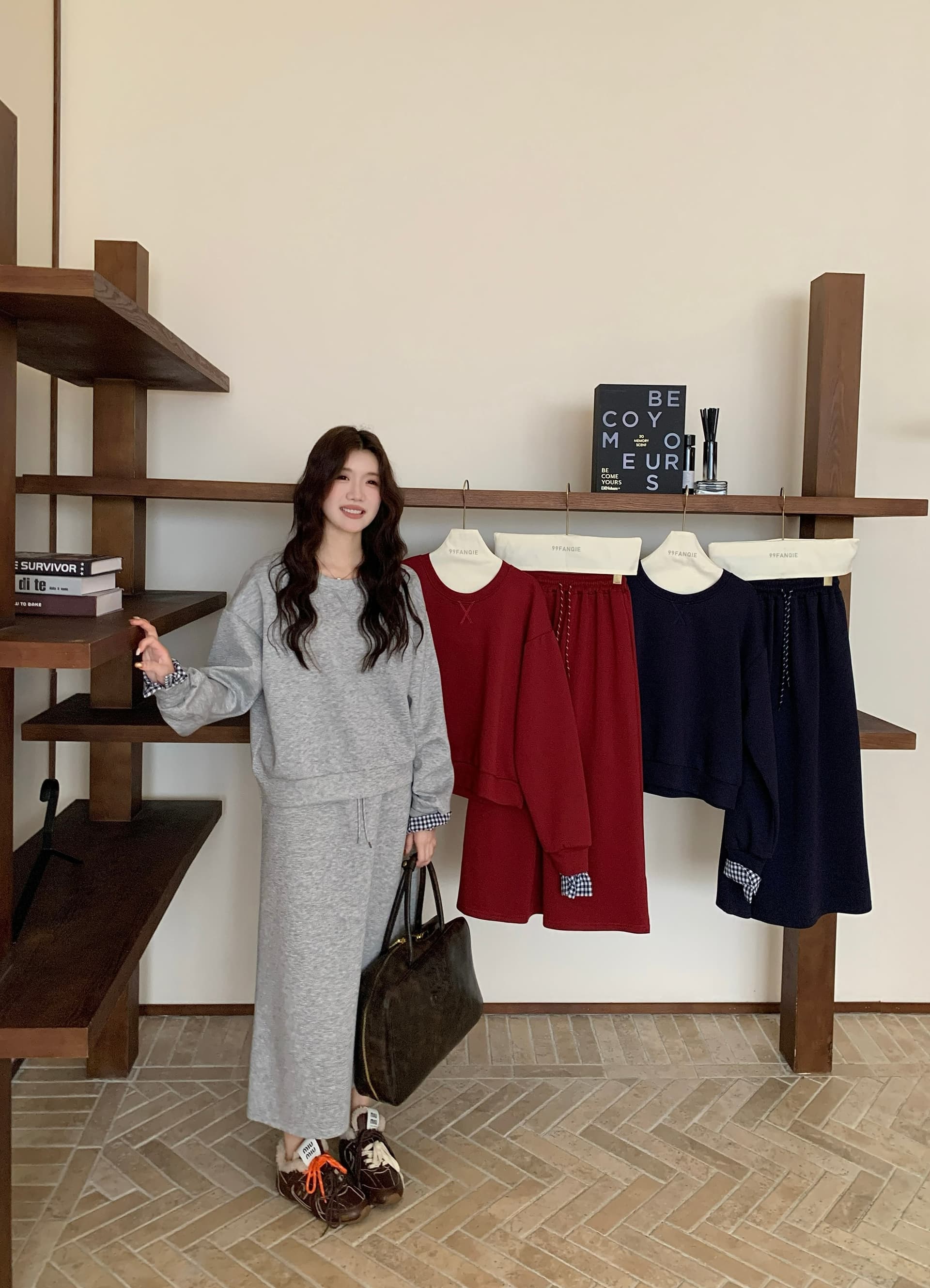 아메리칸 레트로 회색 스포츠 슈트 여성 셔츠 반신 스커트 투피스 세트 상세 이미지 30