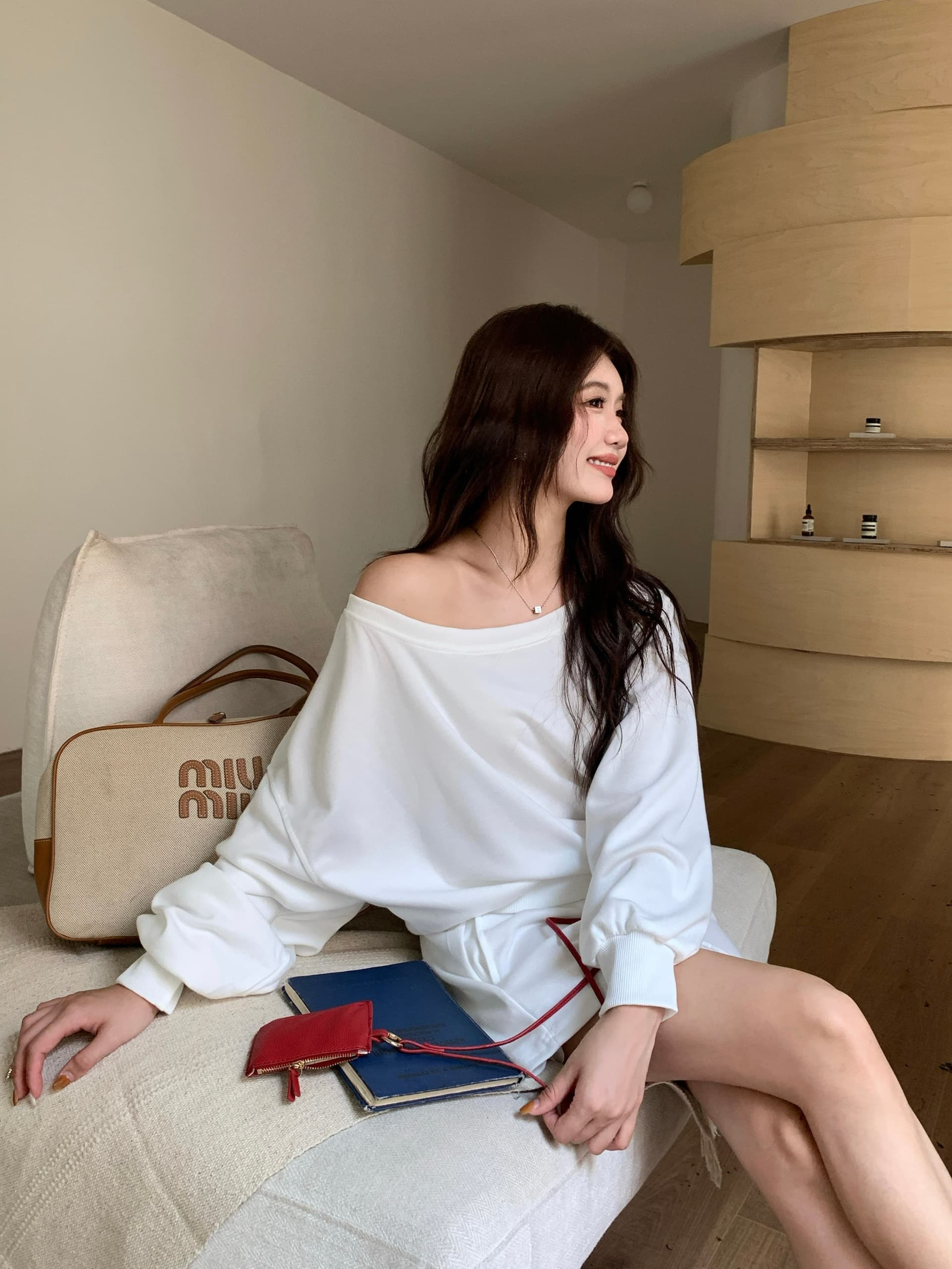투피스 세트 빅 사이즈 아메리칸 느긋한 비스듬한 어깨 후드티 여성 느슨함 센스 달콤한 핫걸 맨위 상세 이미지 13
