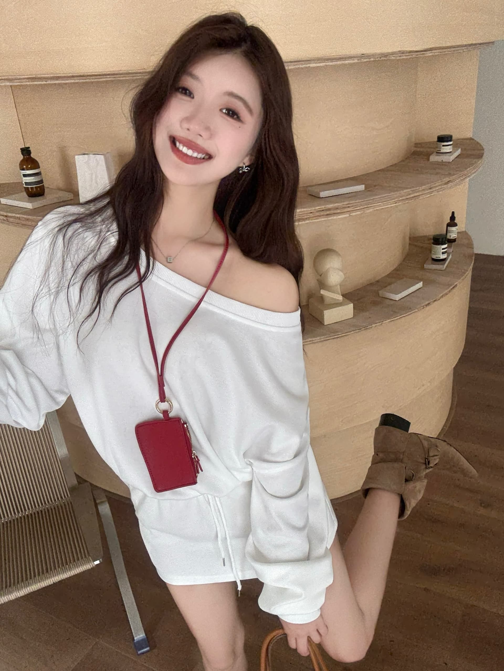 투피스 세트 빅 사이즈 아메리칸 느긋한 비스듬한 어깨 후드티 여성 느슨함 센스 달콤한 핫걸 맨위 상세 이미지 23
