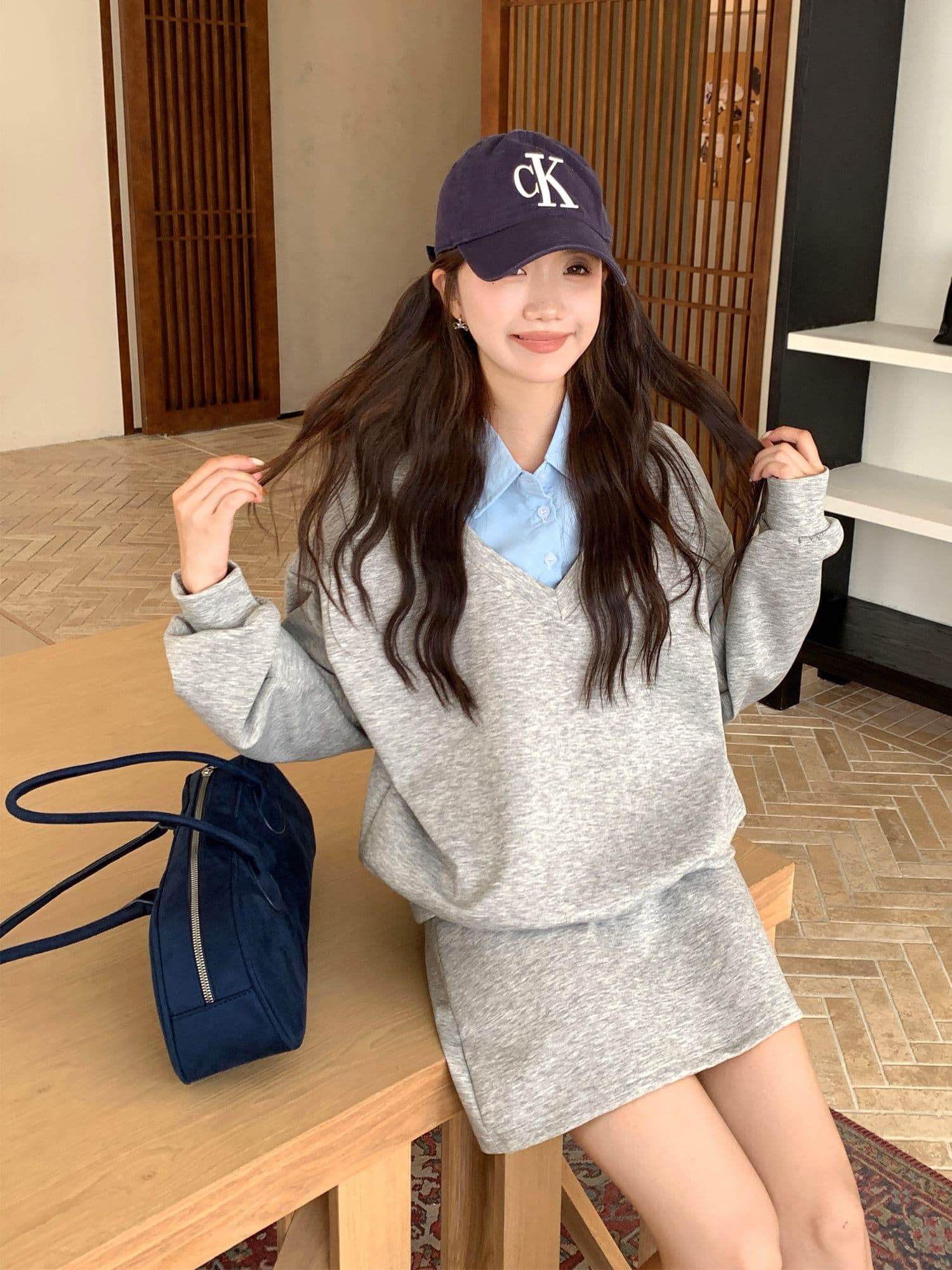 페이크 레이어드 후드티 반신 스커트 POLO 칼라 반신 스커트 투피스 세트 학원 느긋한 세트 이미지 3