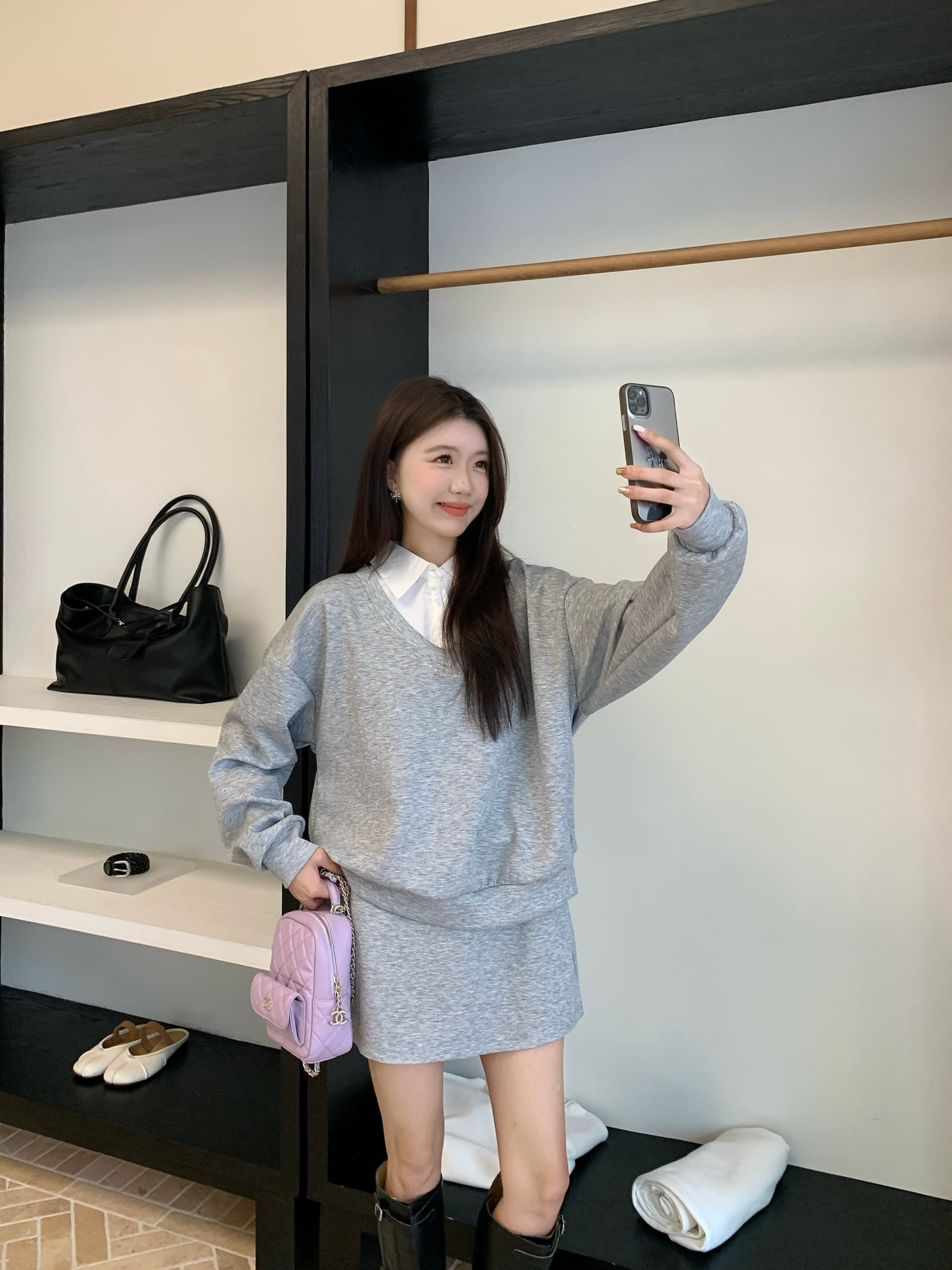 페이크 레이어드 후드티 반신 스커트 POLO 칼라 반신 스커트 투피스 세트 학원 느긋한 세트 상세 이미지 3