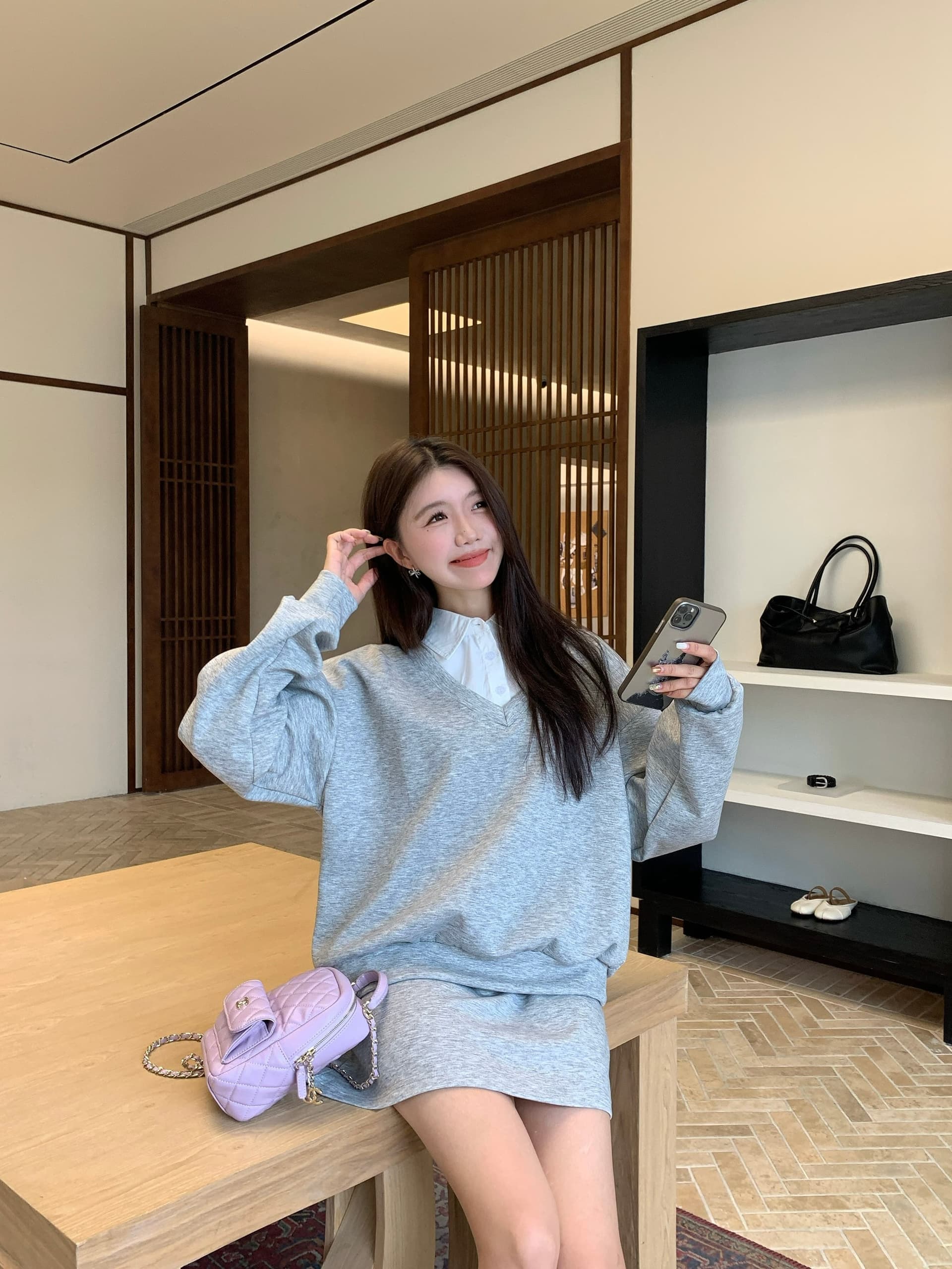 페이크 레이어드 후드티 반신 스커트 POLO 칼라 반신 스커트 투피스 세트 학원 느긋한 세트 상세 이미지 4