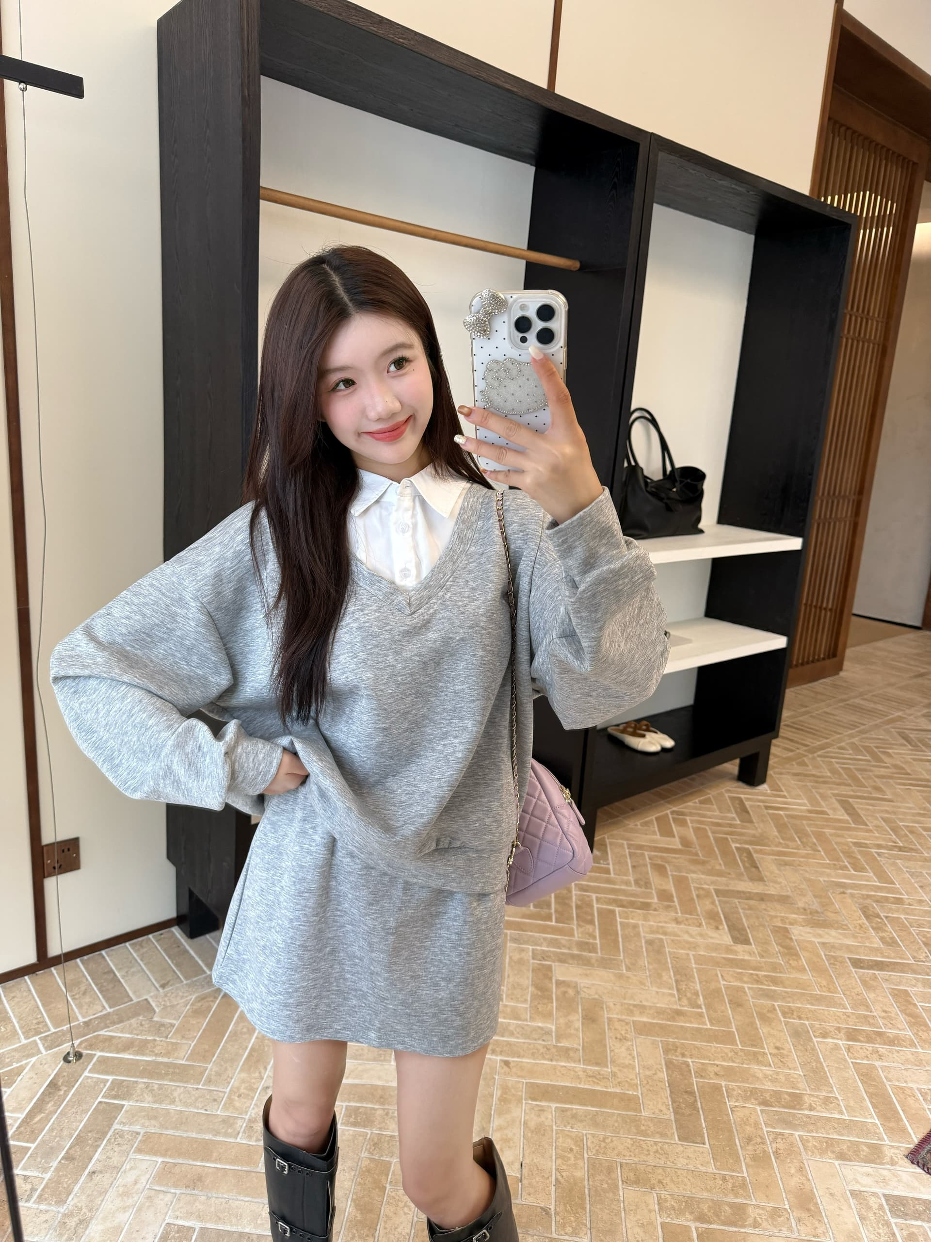 페이크 레이어드 후드티 반신 스커트 POLO 칼라 반신 스커트 투피스 세트 학원 느긋한 세트 상세 이미지 5