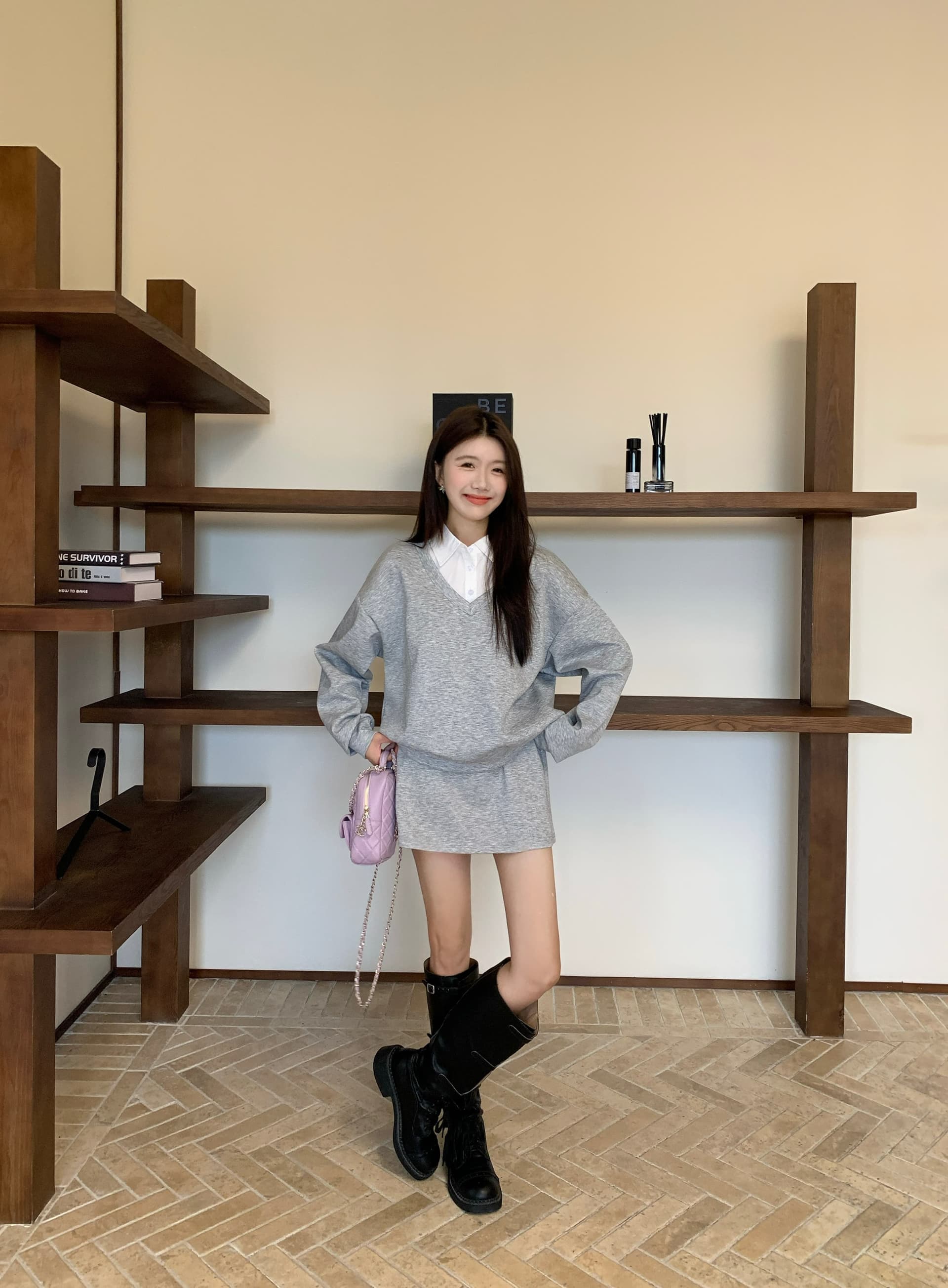 페이크 레이어드 후드티 반신 스커트 POLO 칼라 반신 스커트 투피스 세트 학원 느긋한 세트 상세 이미지 10