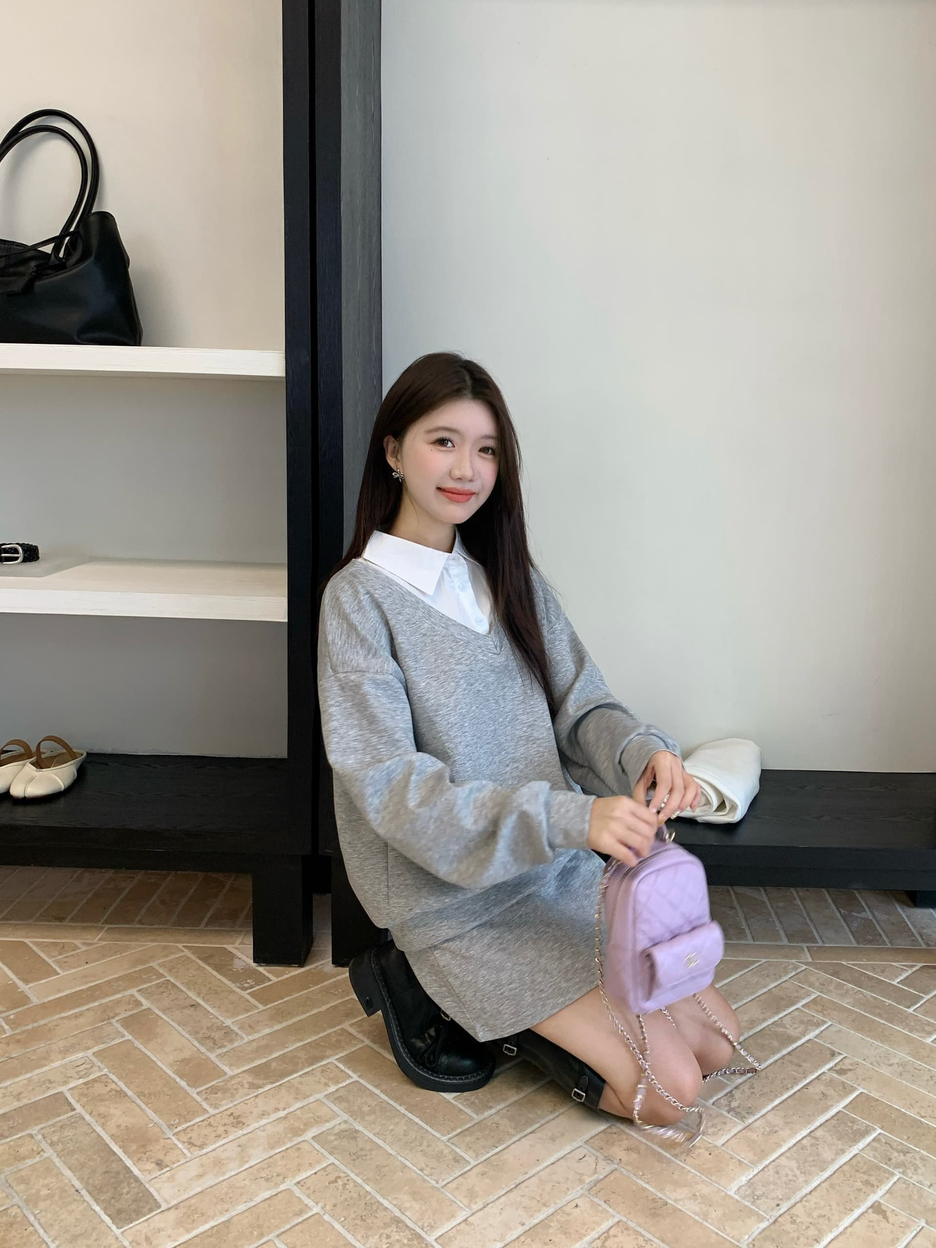 페이크 레이어드 후드티 반신 스커트 POLO 칼라 반신 스커트 투피스 세트 학원 느긋한 세트 상세 이미지 12