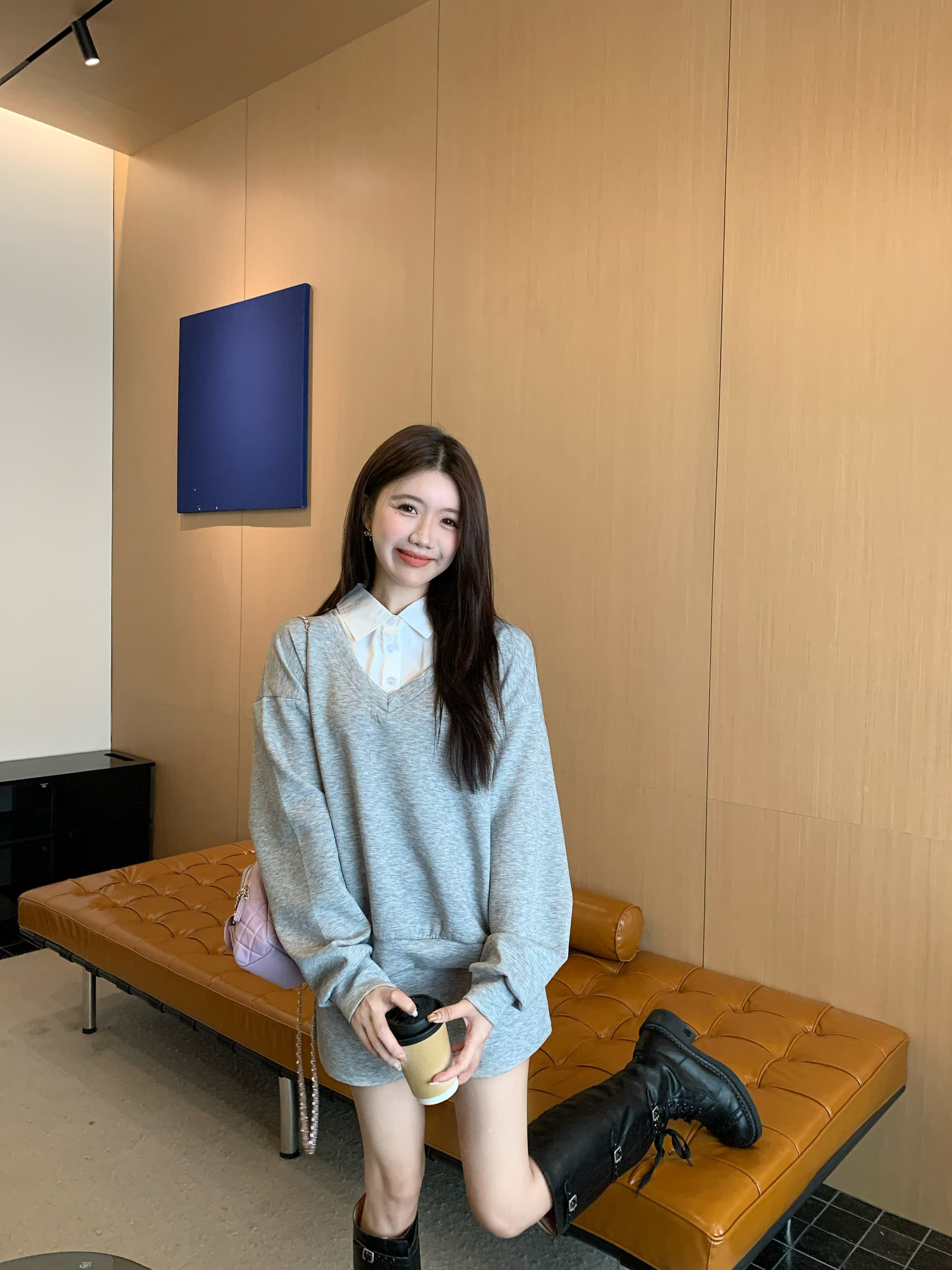 페이크 레이어드 후드티 반신 스커트 POLO 칼라 반신 스커트 투피스 세트 학원 느긋한 세트 상세 이미지 13