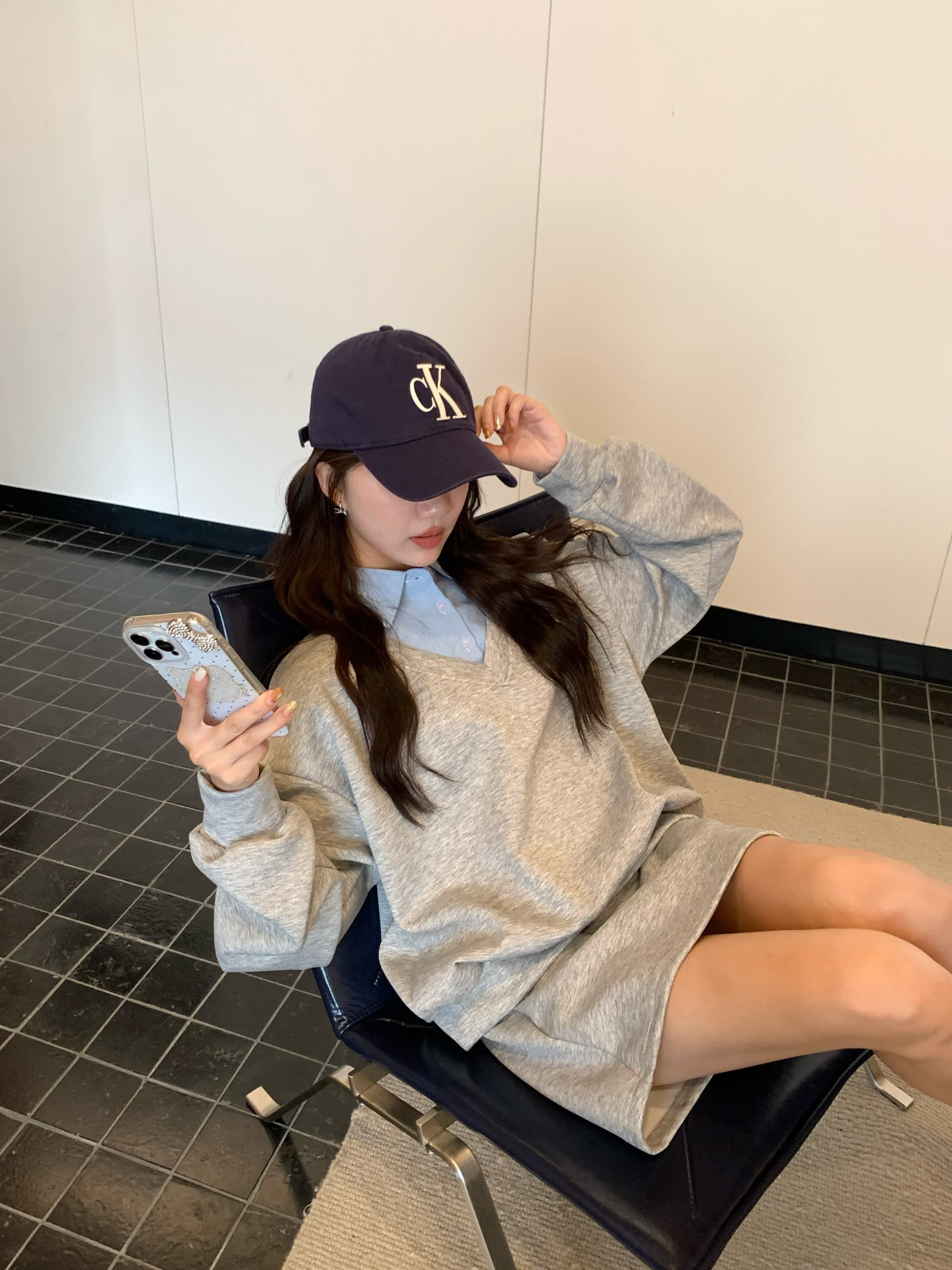 페이크 레이어드 후드티 반신 스커트 POLO 칼라 반신 스커트 투피스 세트 학원 느긋한 세트 상세 이미지 16