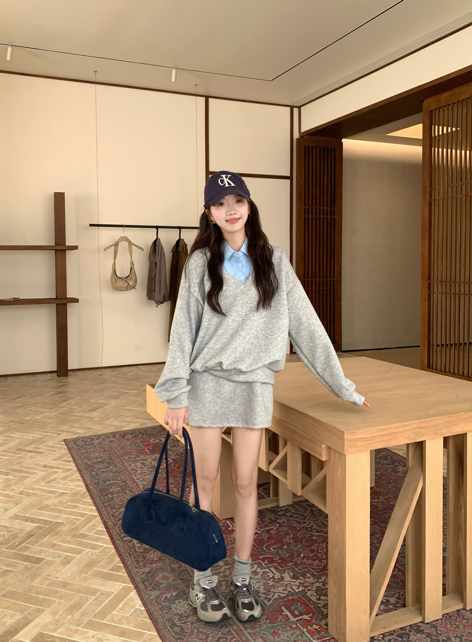 페이크 레이어드 후드티 반신 스커트 POLO 칼라 반신 스커트 투피스 세트 학원 느긋한 세트 상세 이미지 19