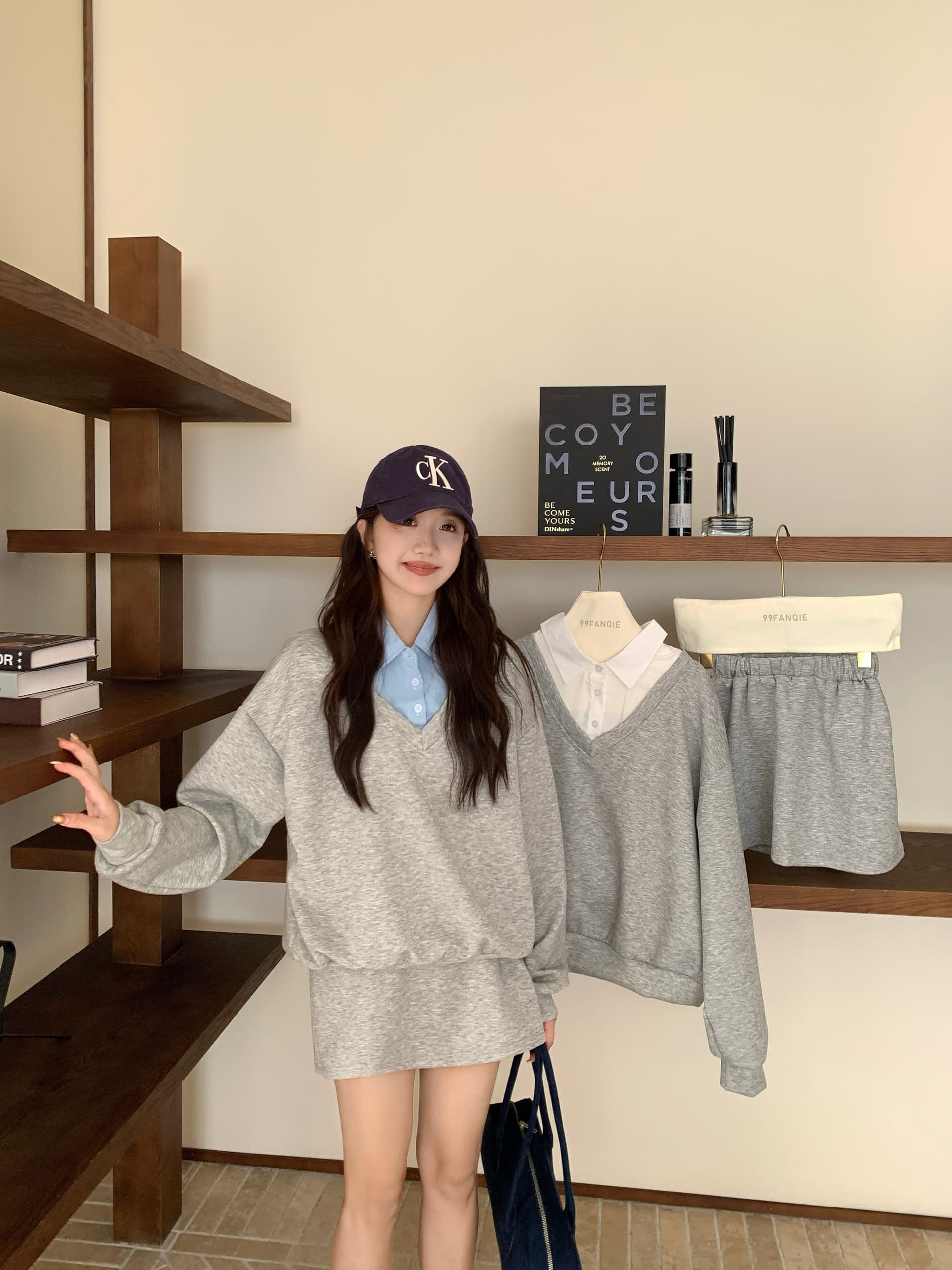 페이크 레이어드 후드티 반신 스커트 POLO 칼라 반신 스커트 투피스 세트 학원 느긋한 세트 상세 이미지 21