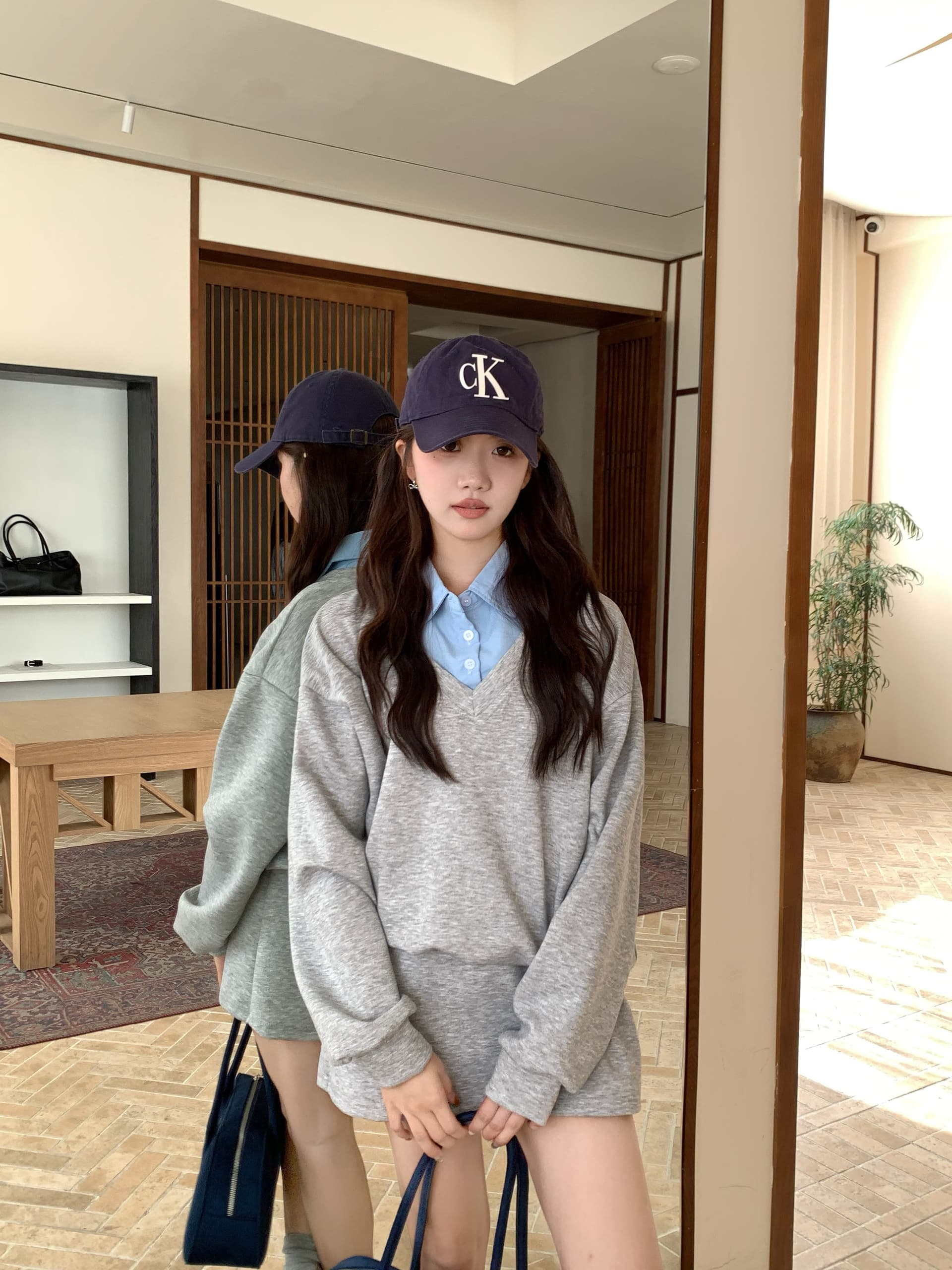 페이크 레이어드 후드티 반신 스커트 POLO 칼라 반신 스커트 투피스 세트 학원 느긋한 세트 상세 이미지 22