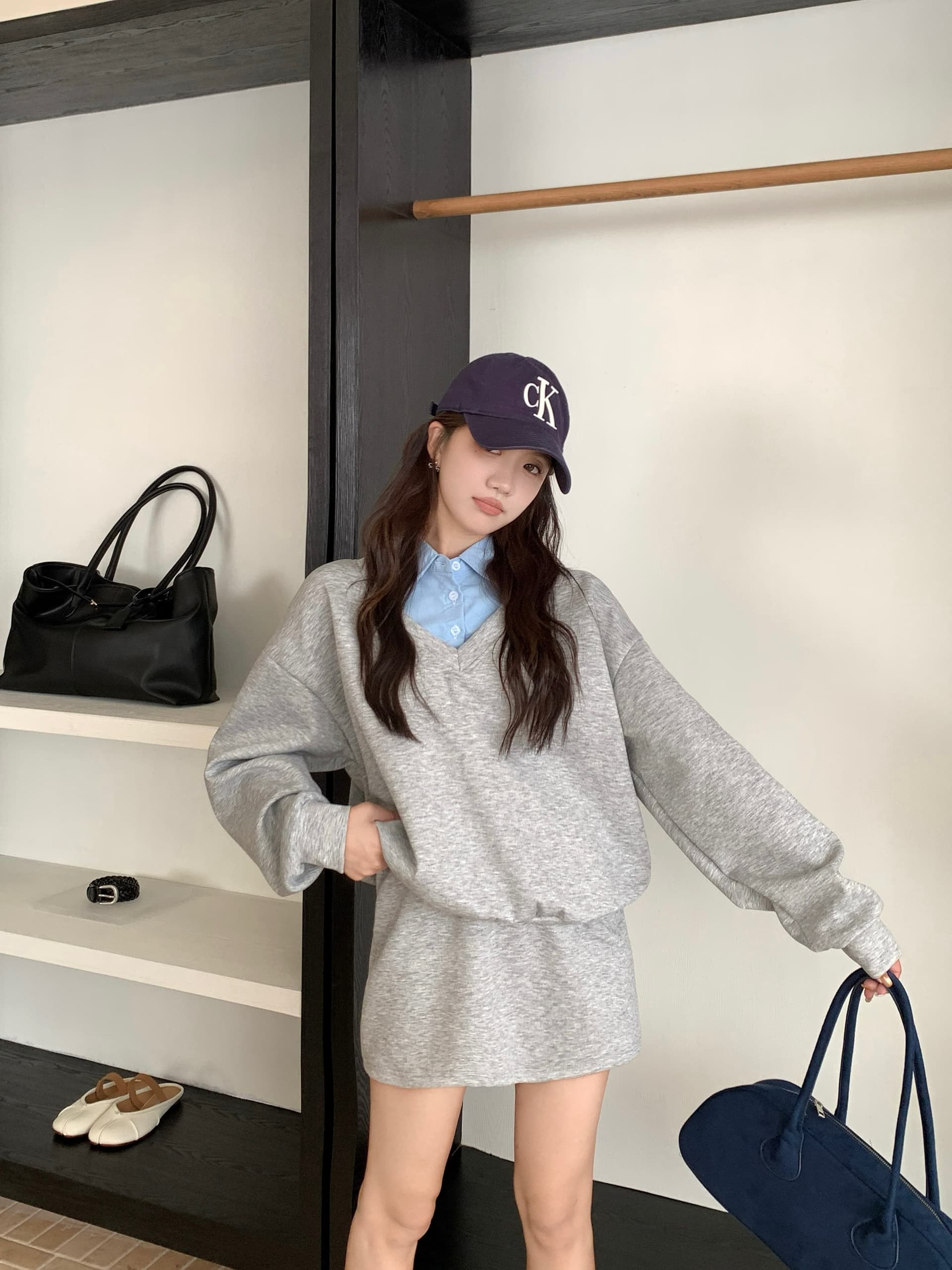 페이크 레이어드 후드티 반신 스커트 POLO 칼라 반신 스커트 투피스 세트 학원 느긋한 세트 상세 이미지 23