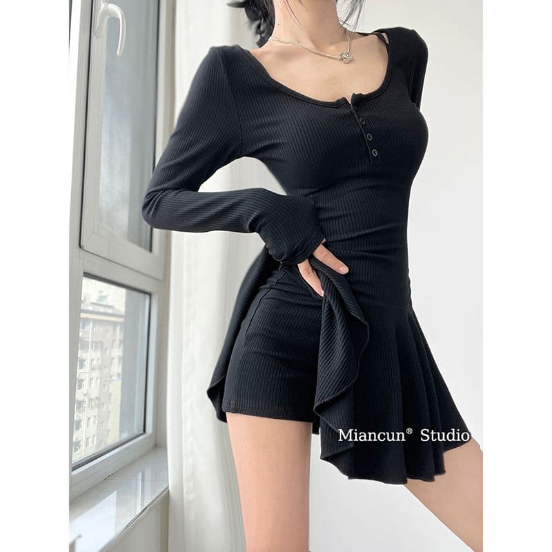 순수한 욕망 발레 바람 u 칼라 허리 수축 주름 치마 긴팔 여성 드레스 하이웨이스트 투피스 세트 반바지 세트