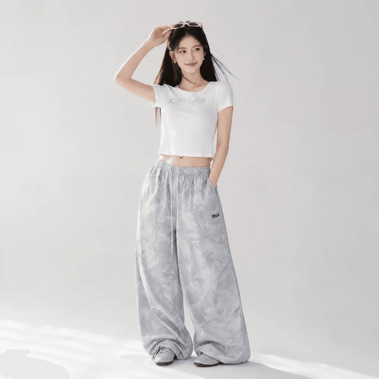아메리칸 거리 무인도 카모플라주 고급 센스 웃음 하 낙하산 병 긴 바지 레트로 캐주얼 바지 여성 허리밴드 와이드 레그 팬츠 상세 이미지 6