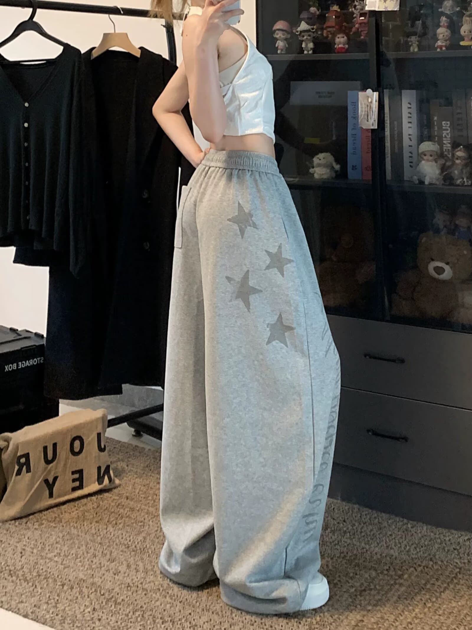아메리칸 별 패치 주름 낙하산 병 캐주얼 바지 남자 가을 조수 브랜드 루즈핏 넓은 다리 아웃도어 팬츠 스트레이트 운동 바지 이미지 4