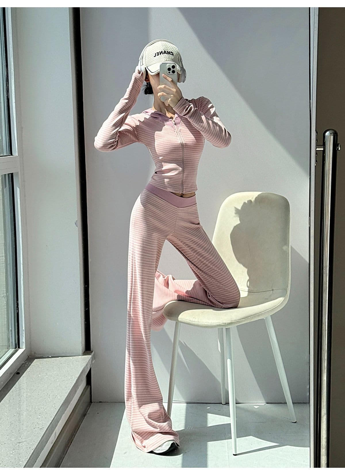 아메리칸 레트로 얇은 스타일 스트라이프 후드 지퍼 후드티 여성 가을 새로운 캐주얼 넓은 다리 길이 바지 투피스 슈트 상세 이미지 5