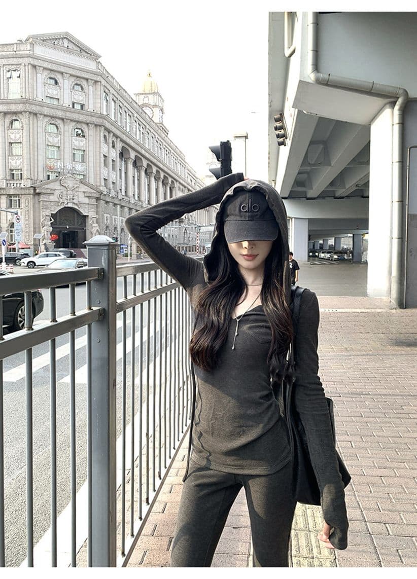 어두운 회색 부드러운 찹쌀 긴팔 후드 맨위 여성 봄 가을 착용 가져 가라. 캐주얼 몸매 가꾸기 마이크로 나팔 긴 바지 투피스 슈트 트렌디 상세 이미지 1