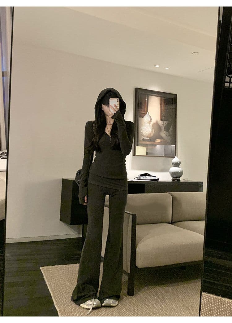 어두운 회색 부드러운 찹쌀 긴팔 후드 맨위 여성 봄 가을 착용 가져 가라. 캐주얼 몸매 가꾸기 마이크로 나팔 긴 바지 투피스 슈트 트렌디 상세 이미지 10