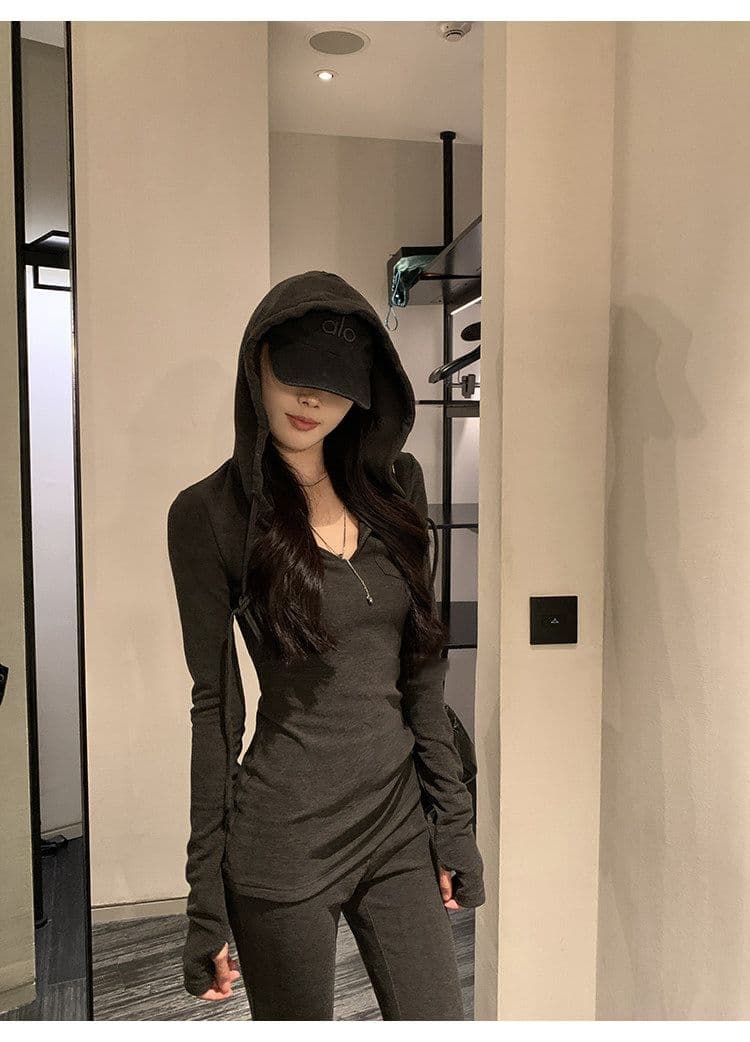 어두운 회색 부드러운 찹쌀 긴팔 후드 맨위 여성 봄 가을 착용 가져 가라. 캐주얼 몸매 가꾸기 마이크로 나팔 긴 바지 투피스 슈트 트렌디 상세 이미지 12