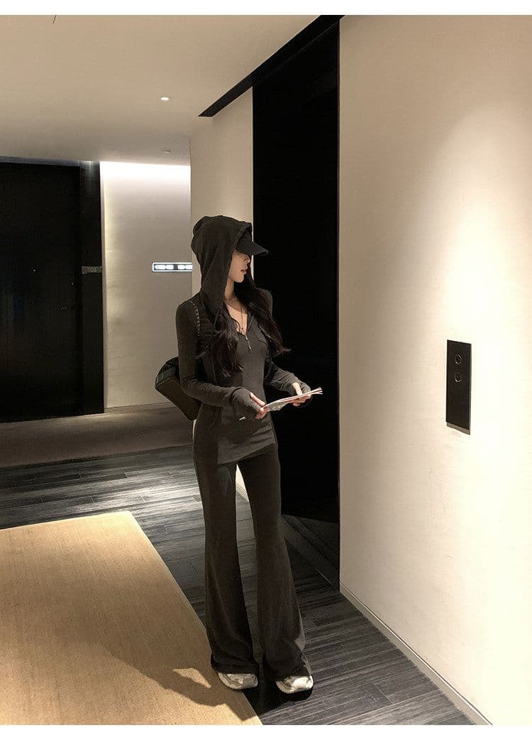 어두운 회색 부드러운 찹쌀 긴팔 후드 맨위 여성 봄 가을 착용 가져 가라. 캐주얼 몸매 가꾸기 마이크로 나팔 긴 바지 투피스 슈트 트렌디 상세 이미지 14