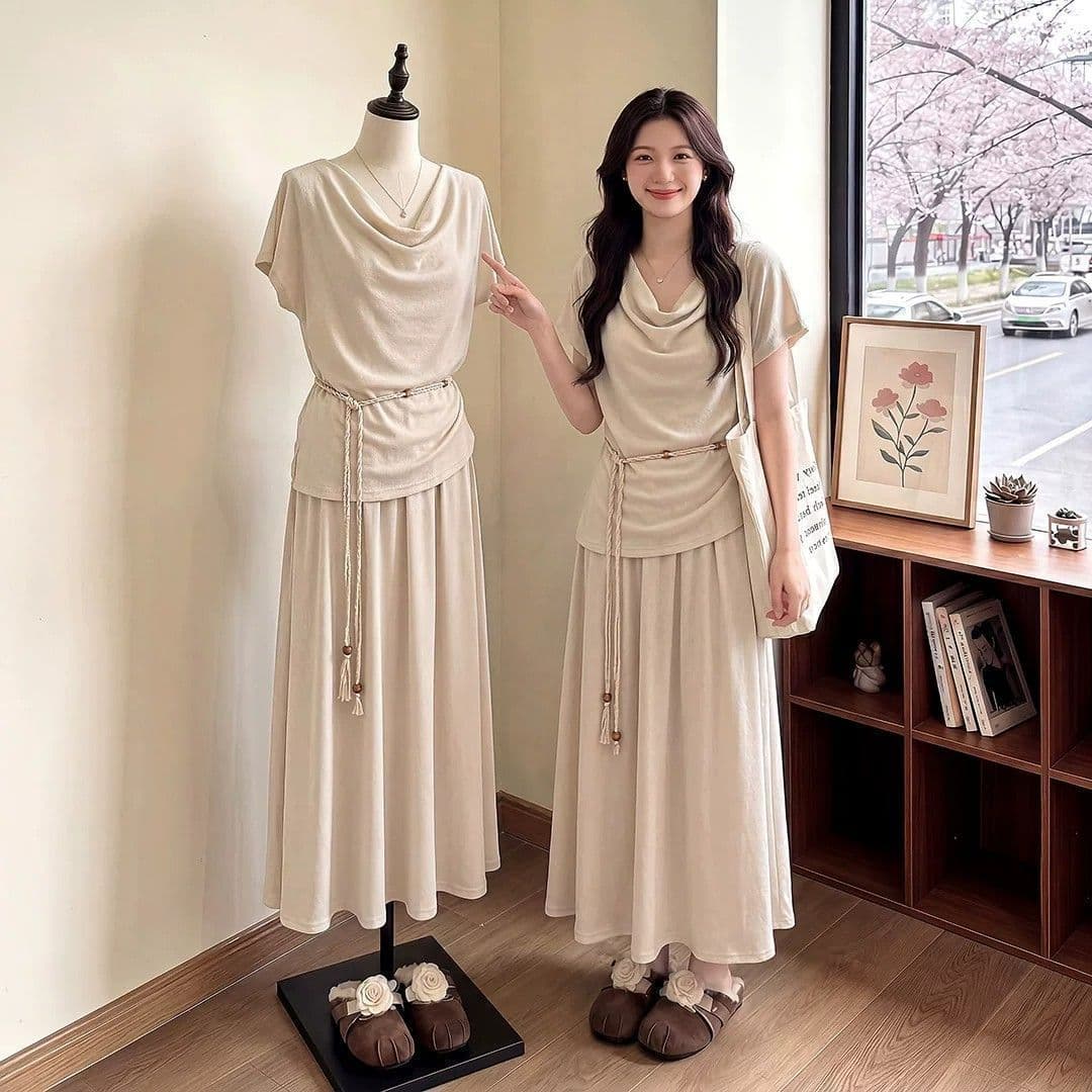 벨트 보내기 여름 착용 가져 가라. 전체 집합 고급 센스 느긋한 흔들다 칼라 맨위 반신 스커트 투피스 세트 이미지 5