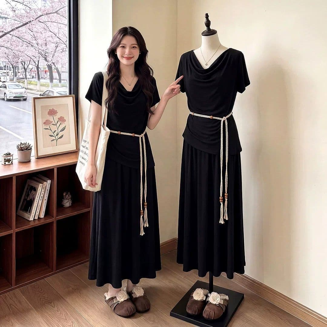 벨트 보내기 여름 착용 가져 가라. 전체 집합 고급 센스 느긋한 흔들다 칼라 맨위 반신 스커트 투피스 세트 이미지 3