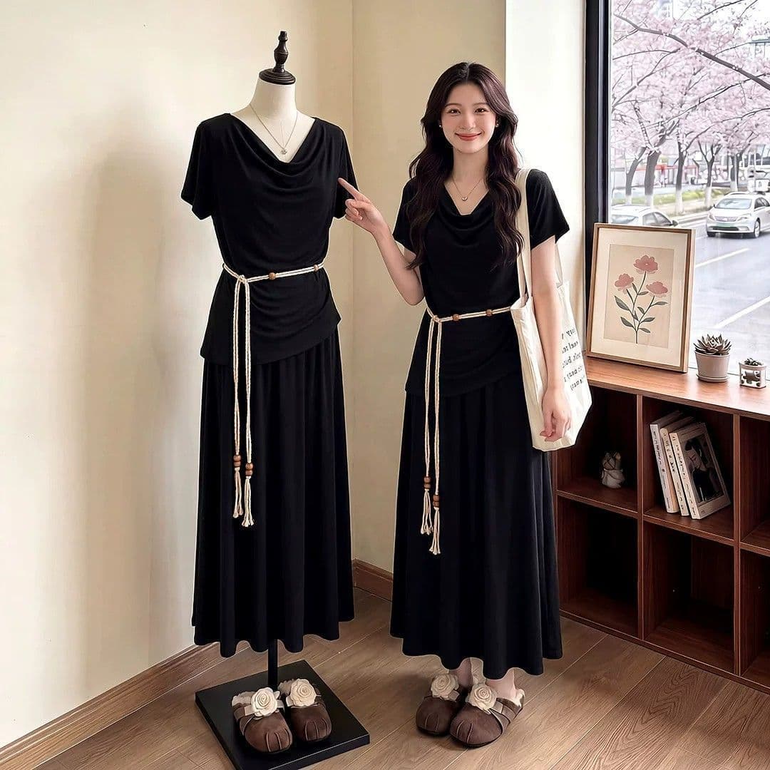 벨트 보내기 여름 착용 가져 가라. 전체 집합 고급 센스 느긋한 흔들다 칼라 맨위 반신 스커트 투피스 세트 이미지 2