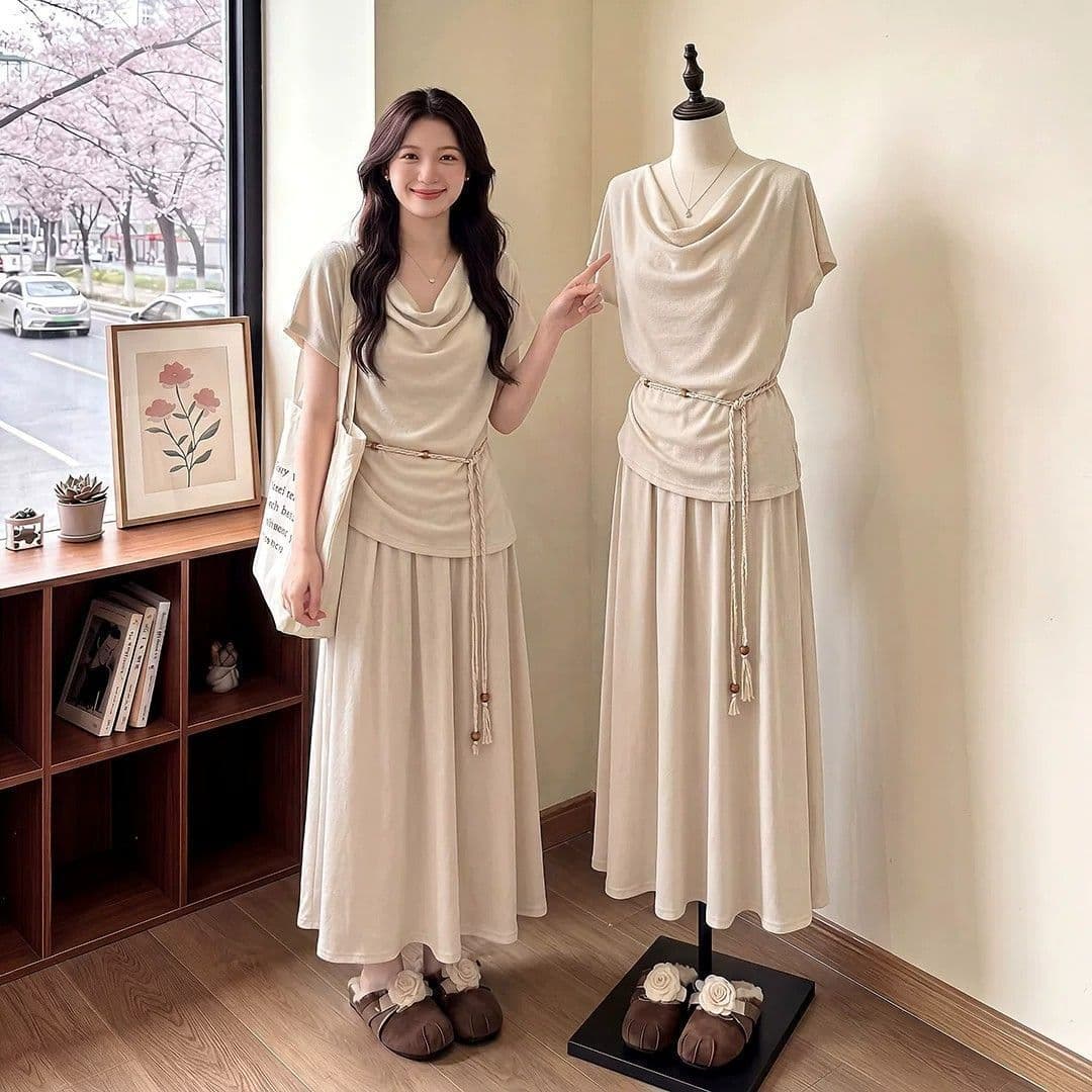 벨트 보내기 여름 착용 가져 가라. 전체 집합 고급 센스 느긋한 흔들다 칼라 맨위 반신 스커트 투피스 세트 상세 이미지 1