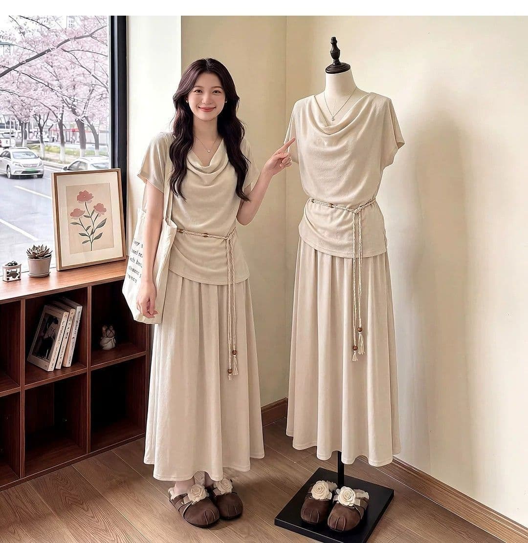 벨트 보내기 여름 착용 가져 가라. 전체 집합 고급 센스 느긋한 흔들다 칼라 맨위 반신 스커트 투피스 세트 상세 이미지 2