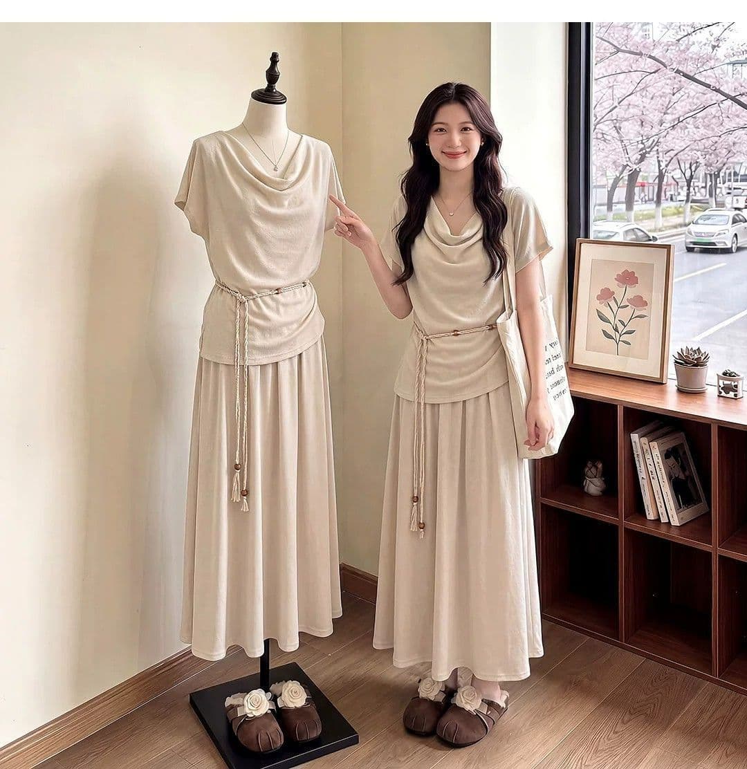 벨트 보내기 여름 착용 가져 가라. 전체 집합 고급 센스 느긋한 흔들다 칼라 맨위 반신 스커트 투피스 세트 상세 이미지 3