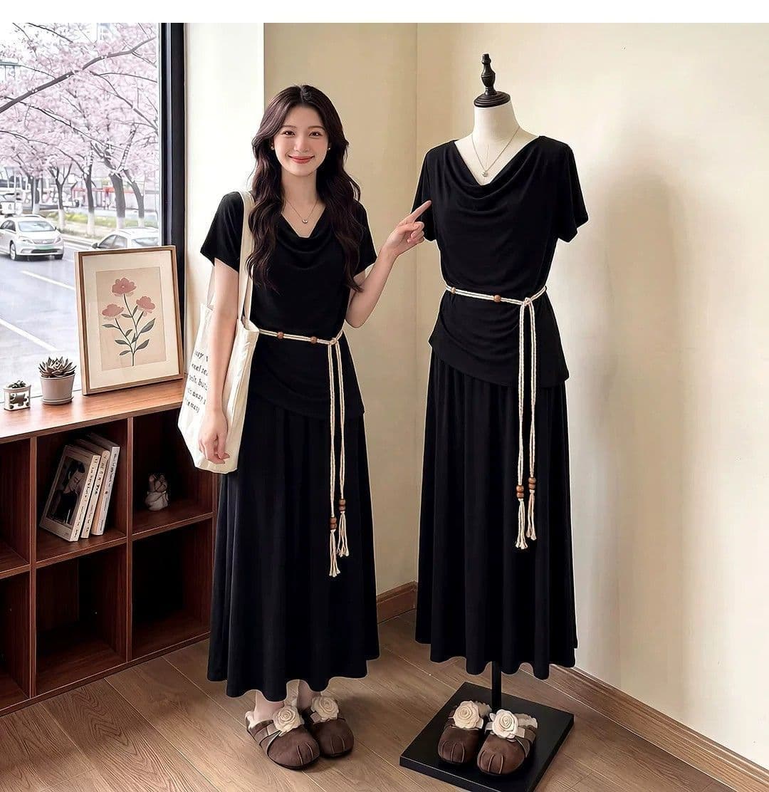 벨트 보내기 여름 착용 가져 가라. 전체 집합 고급 센스 느긋한 흔들다 칼라 맨위 반신 스커트 투피스 세트 상세 이미지 5